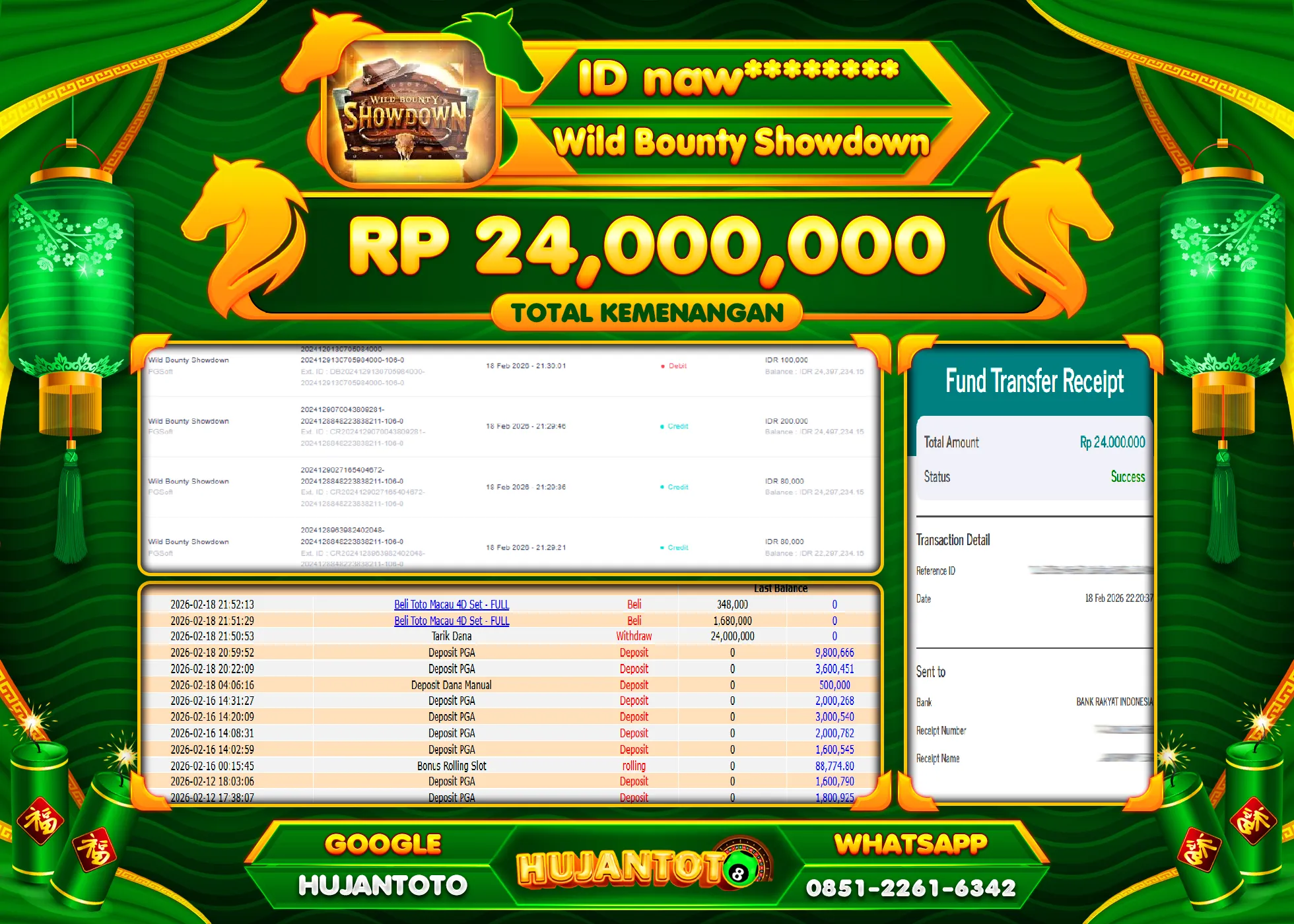 HUJANTOTO - BUKTI JACKPOT MENANG SLOT WILD BOUNTY SHOWDOWN PGSOFT Rp.24,000,000 - TERBAYAR LUNAS