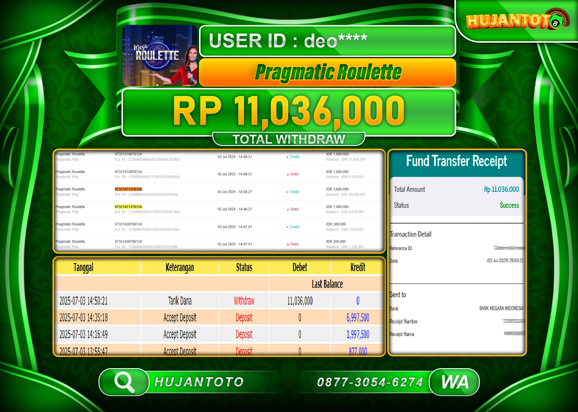 HUJANTOTO - BUKTI JACKPOT MENANG LIVEGAMES PRAGMATIC ROULETTE Rp.11,036,000 - TERBAYAR LUNAS