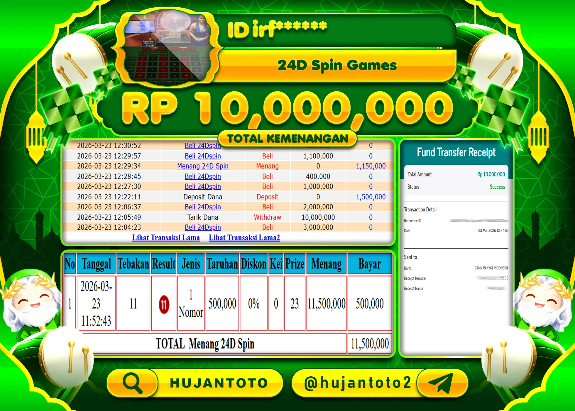HUJANTOTO - BUKTI JACKPOT MENANG LIVEGAMES 24D SPIN GAMES Rp.10,000,000 - TERBAYAR LUNAS