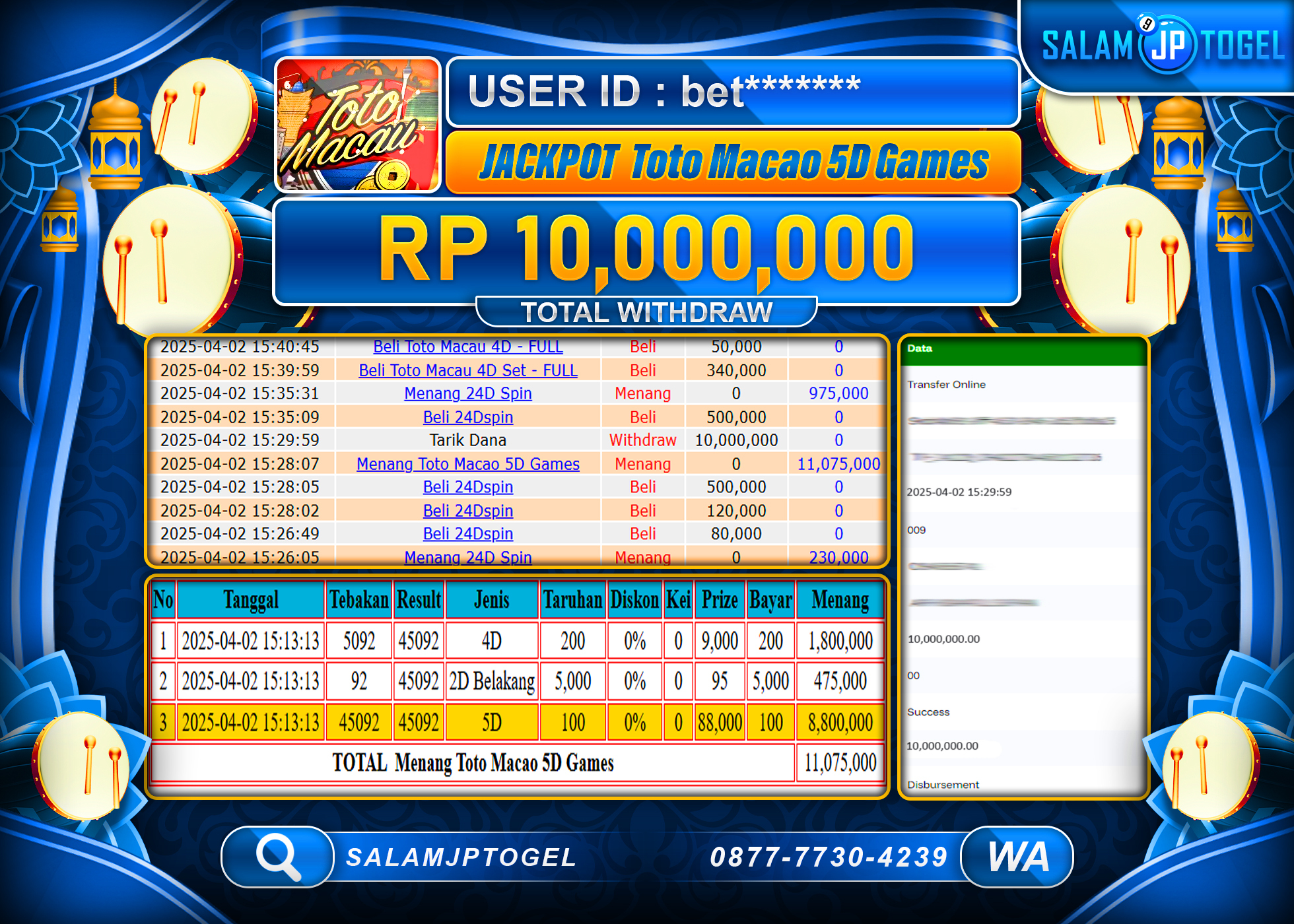 SALAMJPTOGEL MENANG TOTO MACAU 5D  Rp. 10,000,000 LUNAS