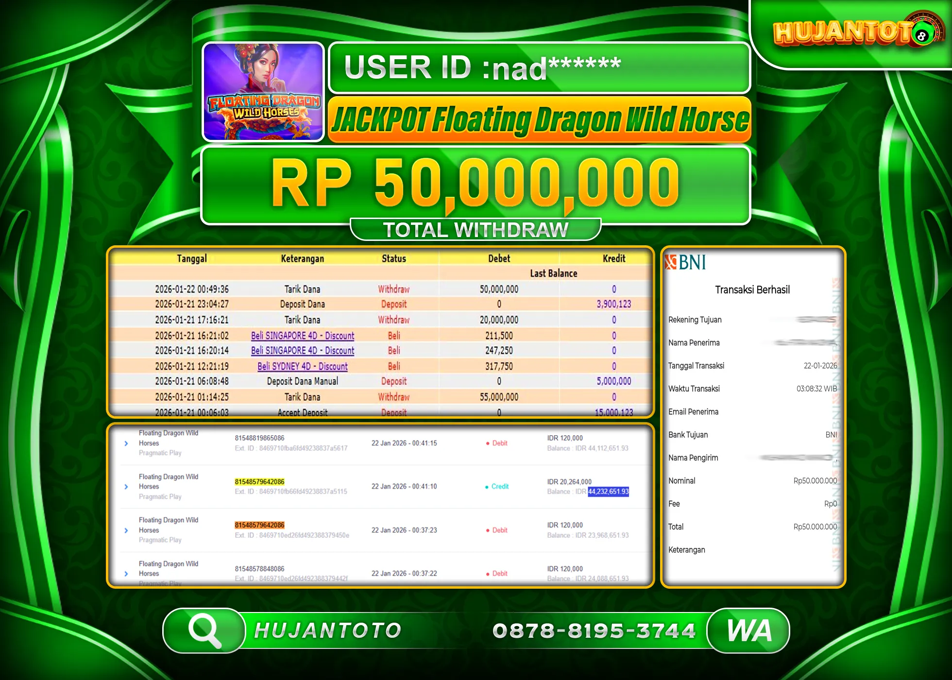 HUJANTOTO - BUKTI JACKPOT MENANG SLOT FLOATING DRAGON WILD HORSES Rp.50,000,000 - TERBAYAR LUNAS