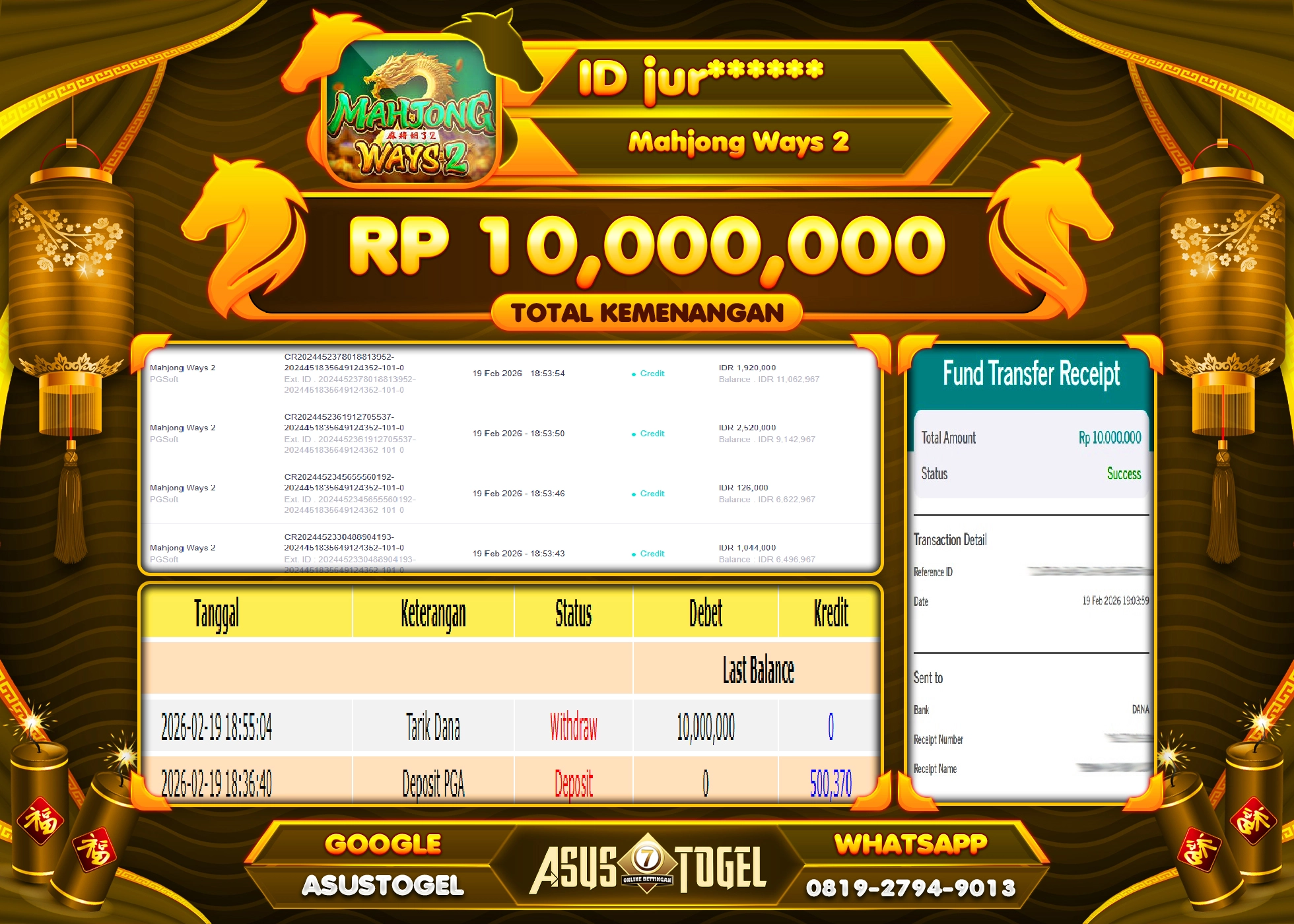 ASUSTOGEL KEMENANGAN DI SLOT MAHJONG WAYS 2 SEBESAR 10,000,000 - RUPIAH LUNAS