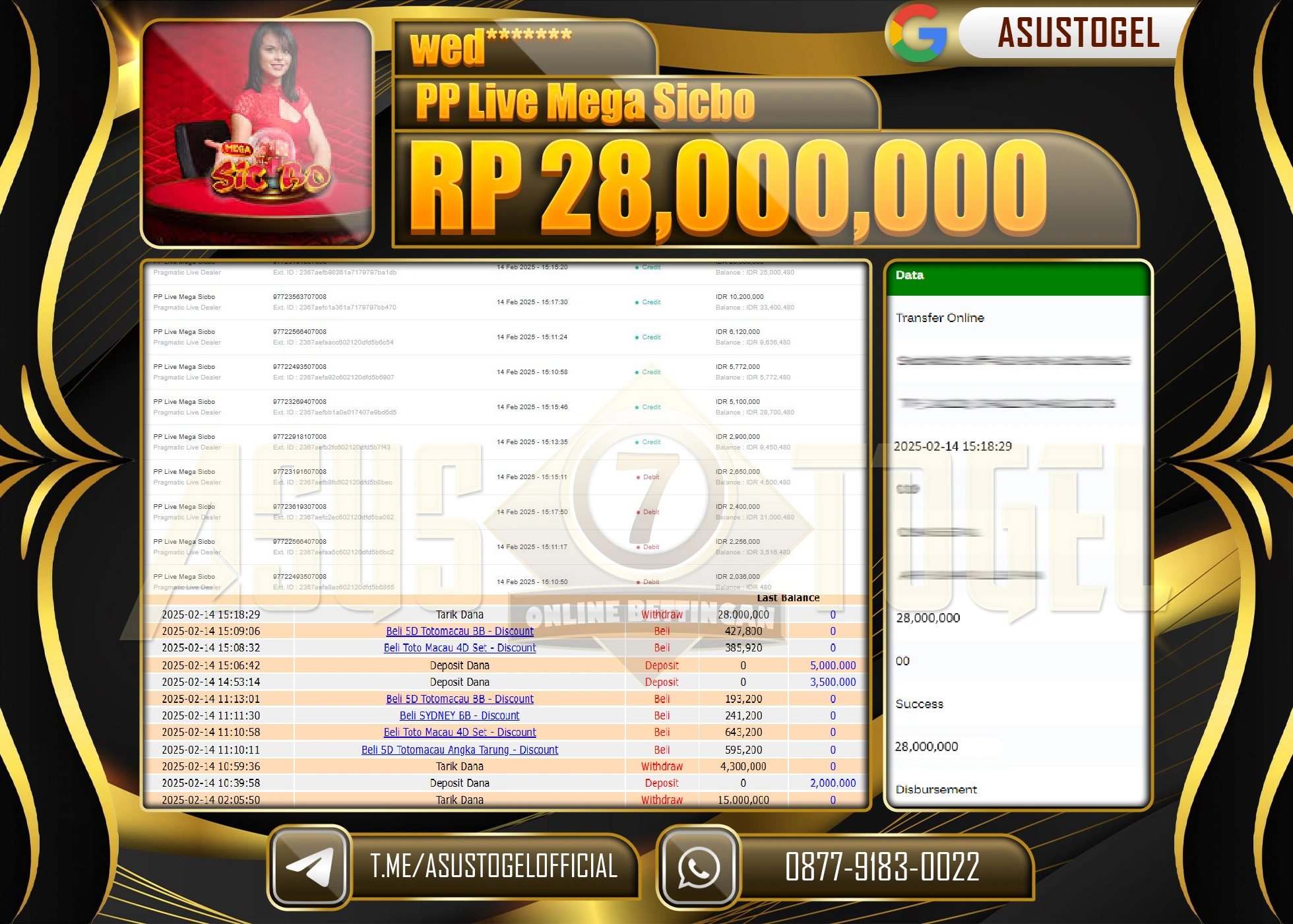 ASUSTOGEL KEMENANGAN DI PP LIVE MEGA SICBO SEBESAR 28.000.000 - RUPIAH LUNAS