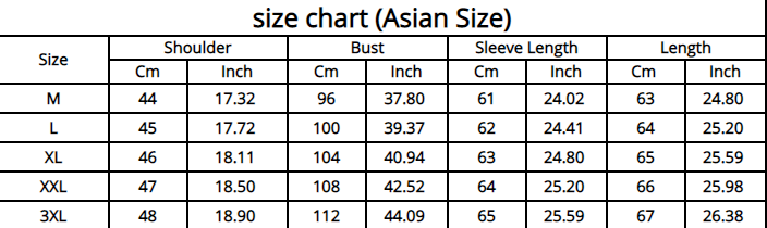 dbz jacket size table