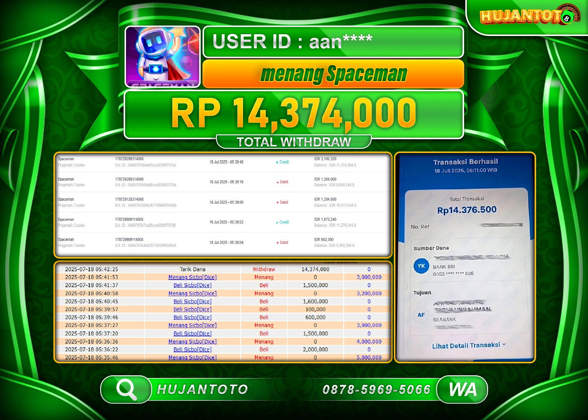 HUJANTOTO - BUKTI JACKPOT MENANG SLOT SPACEMAN PRAGMATIC Rp.14,374,000 - TERBAYAR LUNAS