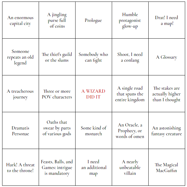 a bingo card. squares read An enormous capital city, A jingling purse full of coins, Prologue, Humble protagonist glow-up, Drat! I need a map!, Someone repeats an old legend, The thief's guild or the slums, Somebody who can fight, Shoot, I need a conlang, A Glossary, A treacherous journey, Three or more POV characters, A WIZARD DID IT, A single road that spans the entire kingdom, The stakes are actually higher than I thought, Dramatis Personae, Oaths that swear by parts of various gods, Some kind of monarch, An Oracle, a Prophecy, or words of omen, An astonishing fantasy creature, Hark! A threat to the throne!, Feasts, Balls, and Games: intrigue is mandatory, I need an additional map, A nearly unbeatable villain, The Magical MacGuffin
