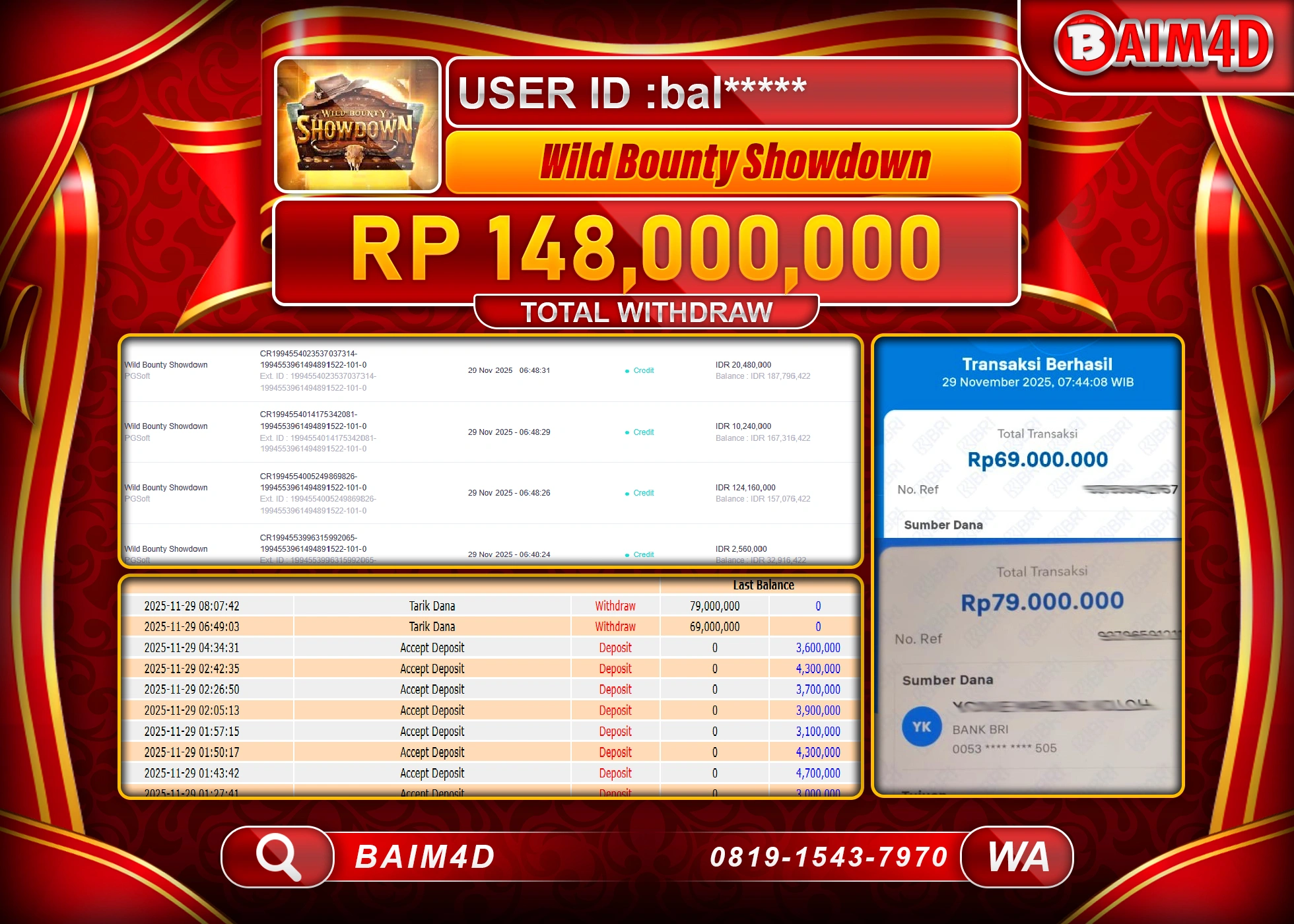 BAIM4D JACKPOT SLOT WILD BOUNTY SHOWDOWN Rp.148,000,000 - LUNAS
