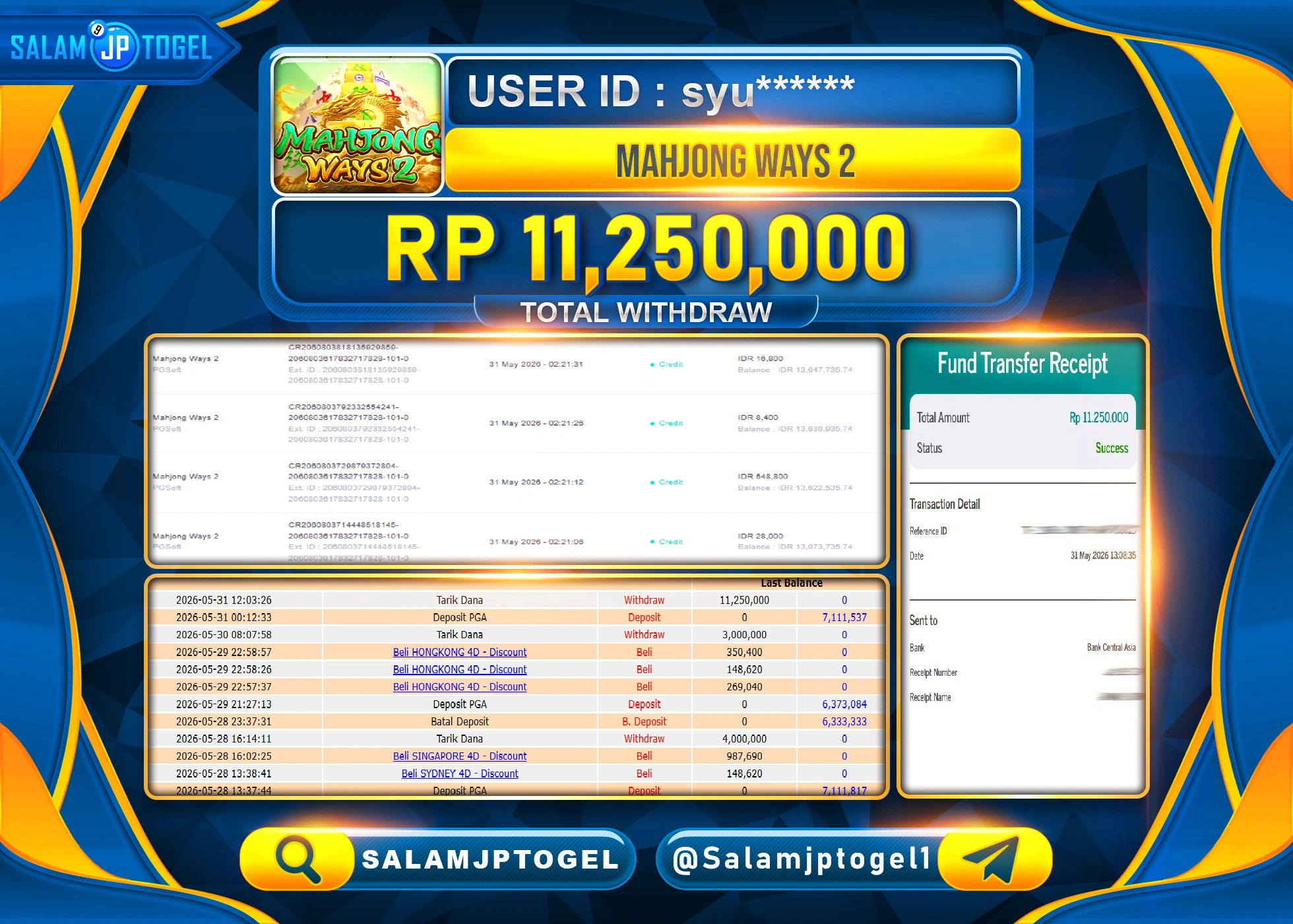 SALAMJPTOGEL JACKPOT MENANG SLOT MAHJONG WAYS 2 Rp.11,250,000 - LUNAS