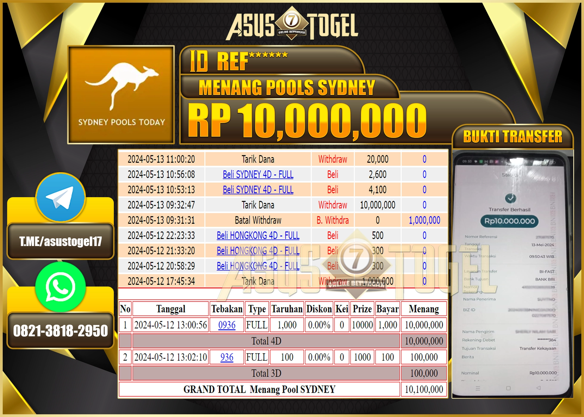 ASUSTOGEL MENANG SYDNEY POOLS Rp 10.000.000- LUNAS