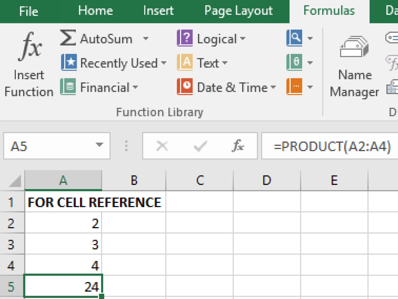 Screenshot of an Excel sample performing a multiply using PRODUCT function for cell reference