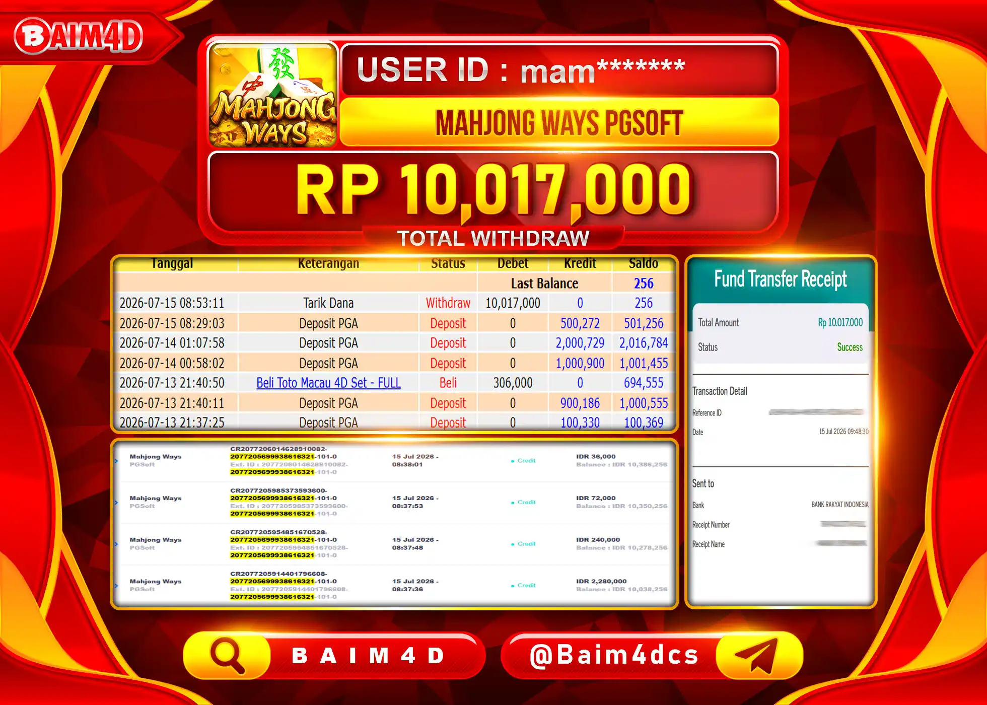 BAIM4D JACKPOT MAHJONG WAYS PGSOFT Rp.10,017,000 - LUNAS