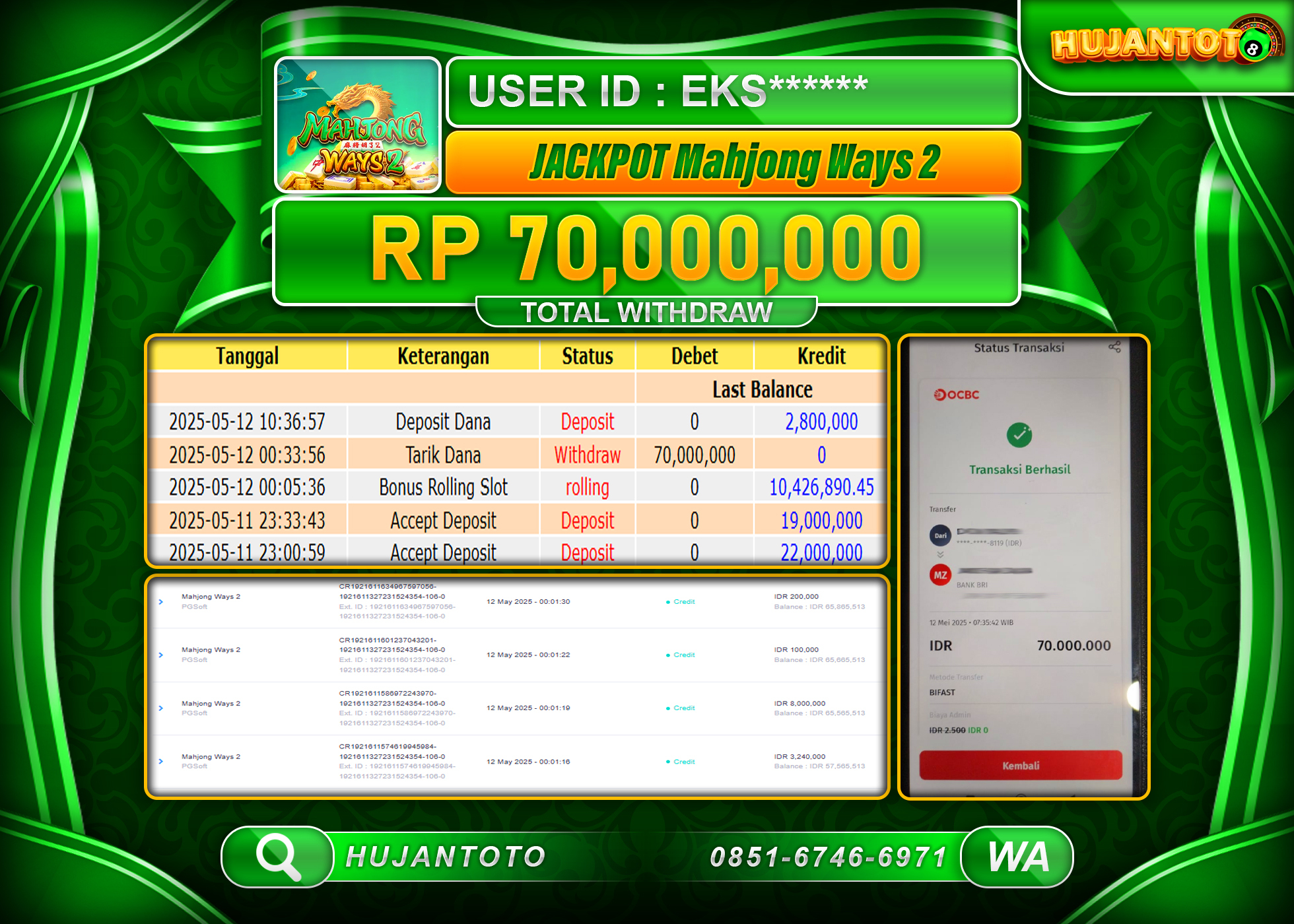 HUJANTOTO - BUKTI JACKPOT MENANG SLOT GAMES MAHJONG WAYS 2 Rp,70,000,000- TERBAYAR LUNAS
