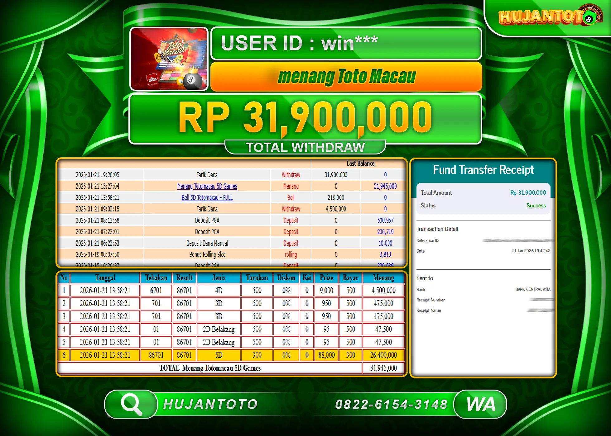 HUJANTOTO - BUKTI JACKPOT MENANG TOGEL TOGEL TOTOMACAU 5D Rp.31,900,000 - TERBAYAR LUNAS