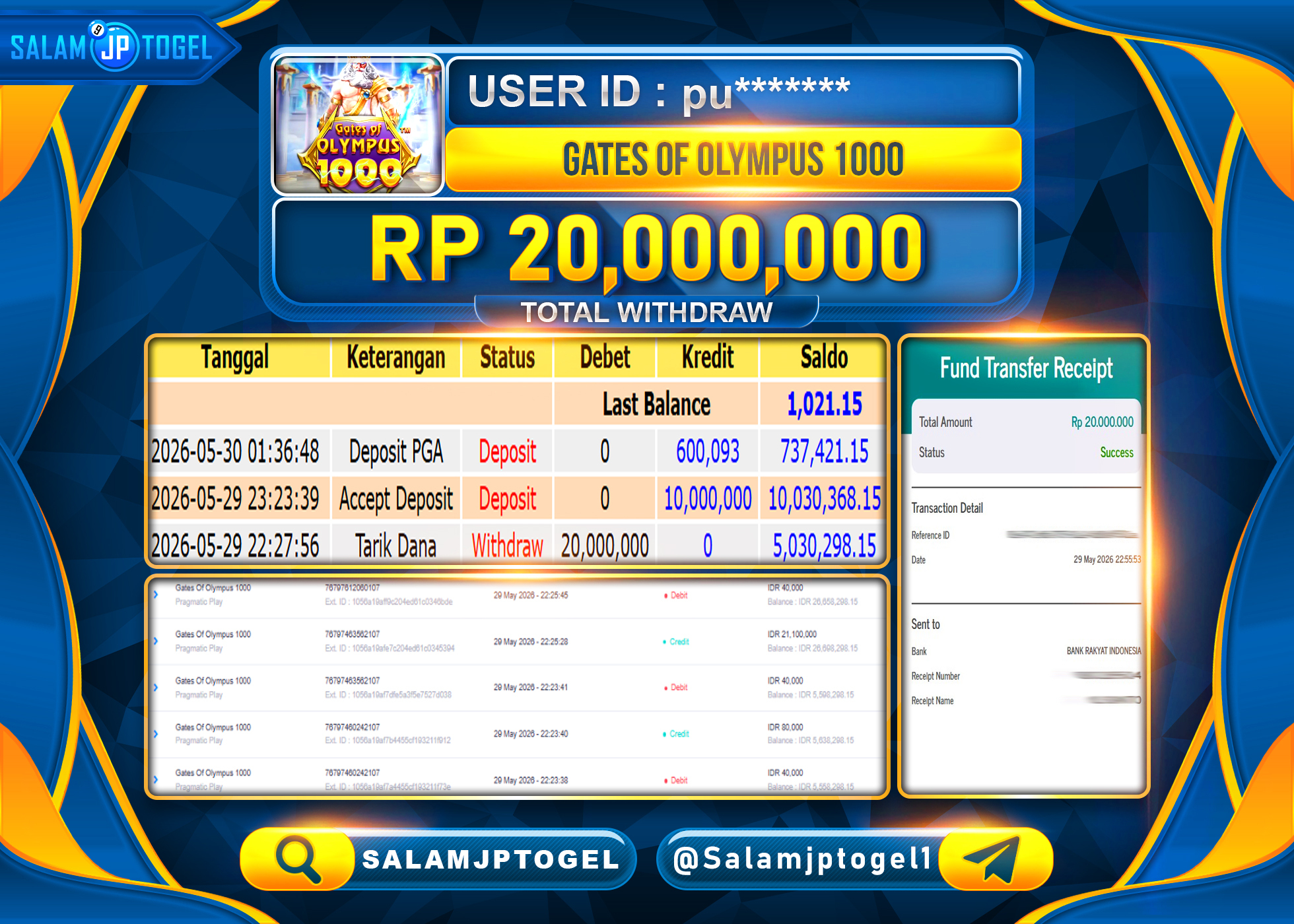 SALAMJPTOGEL JACKPOT Gates Of Olympus 1000 (Pragmatic Play) Rp.20,000,000 - LUNAS