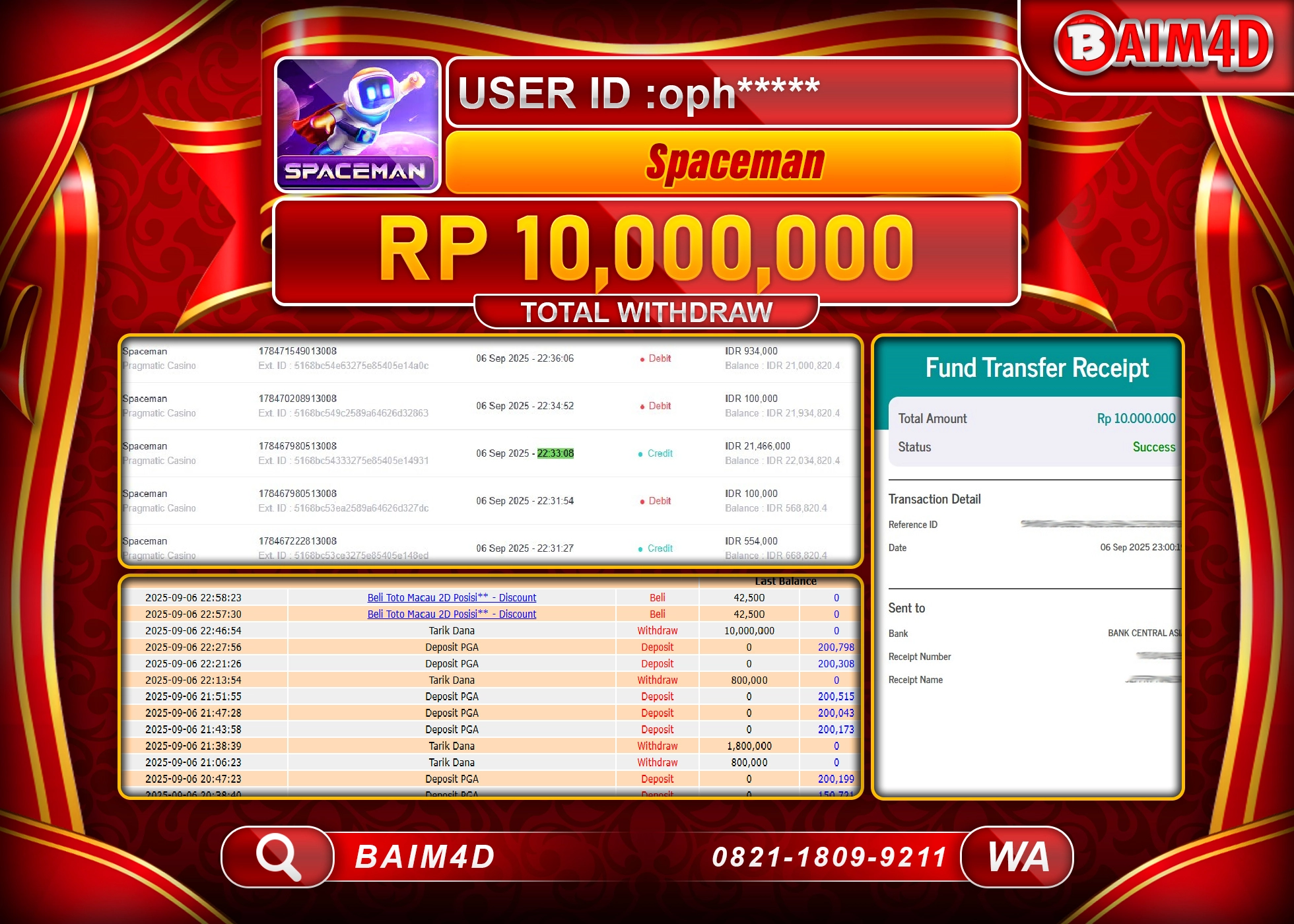 BAIM4D JACKPOT SLOT SPACEMAN PRAGMATIC PLAY Rp.10,000,000.- LUNAS