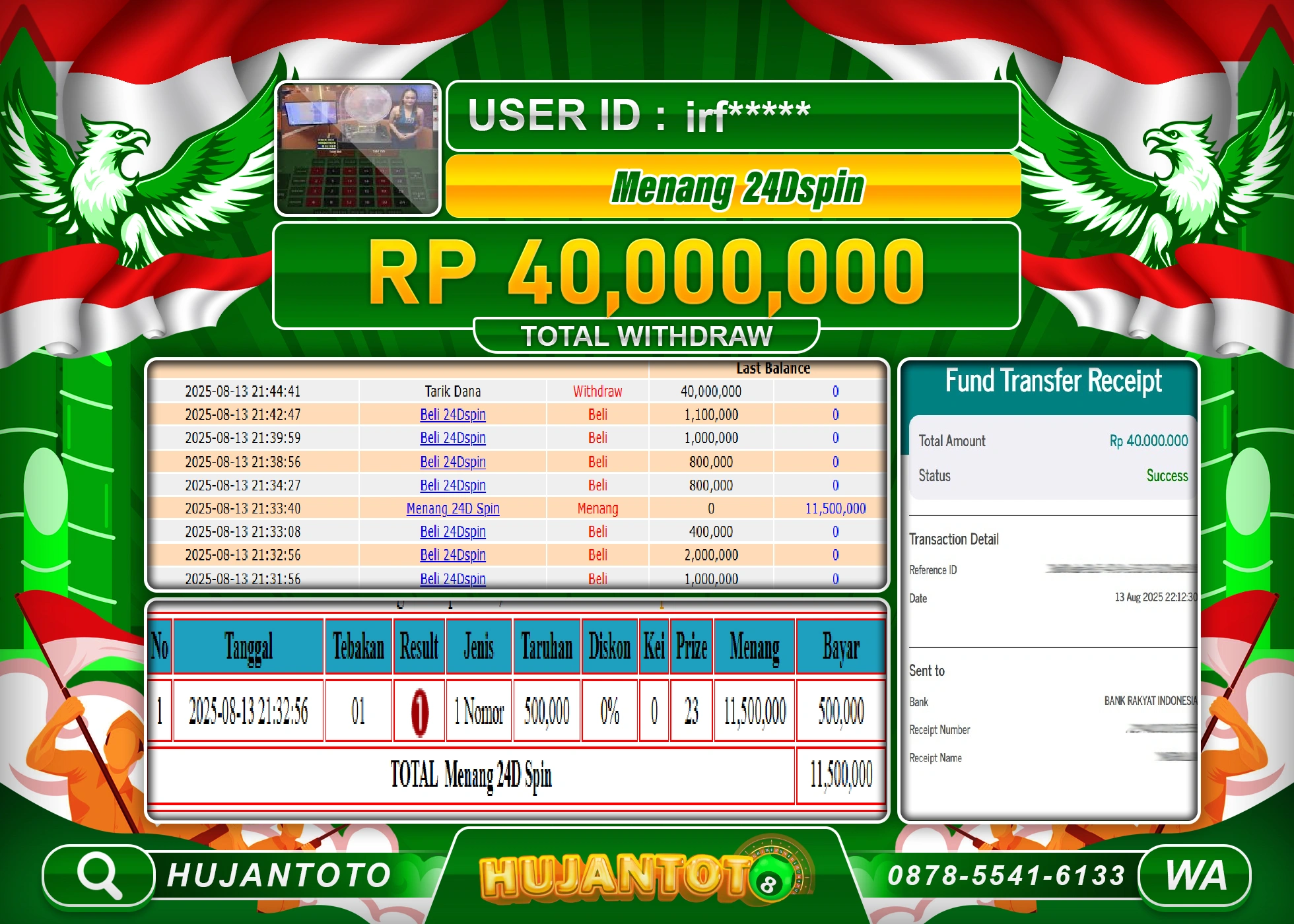HUJANTOTO - BUKTI JACKPOT MENANG LIVE GAMES 24D SPIN Rp.40,000,000 - TERBAYAR LUNAS