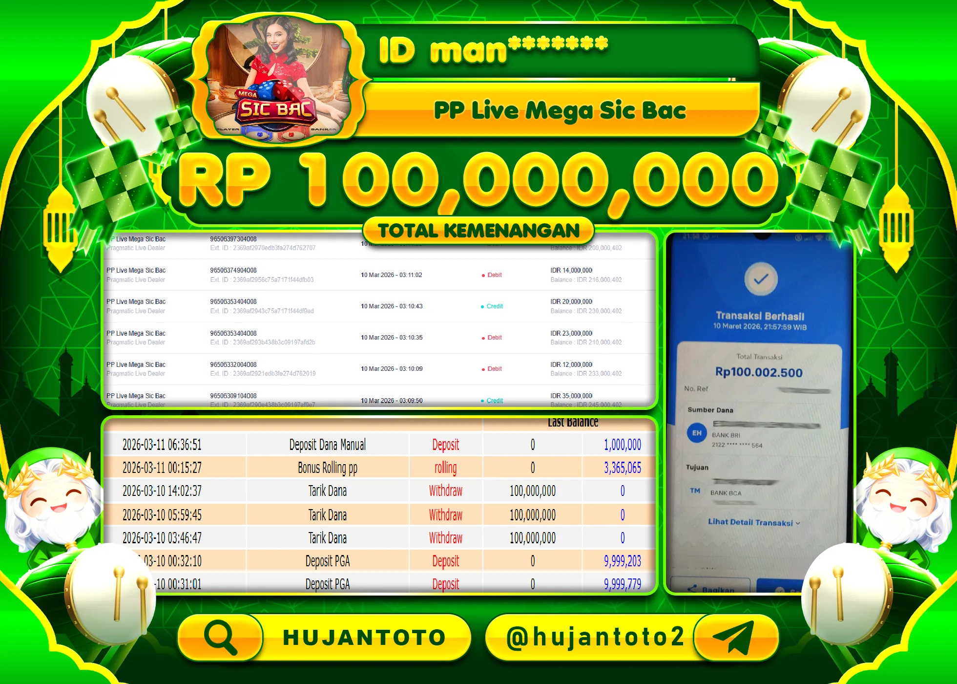 HUJANTOTO - BUKTI JACKPOT MENANG LIVEGAME PP LIVE MEGA SIC BAC  Rp.100,000,000 - TERBAYAR LUNAS