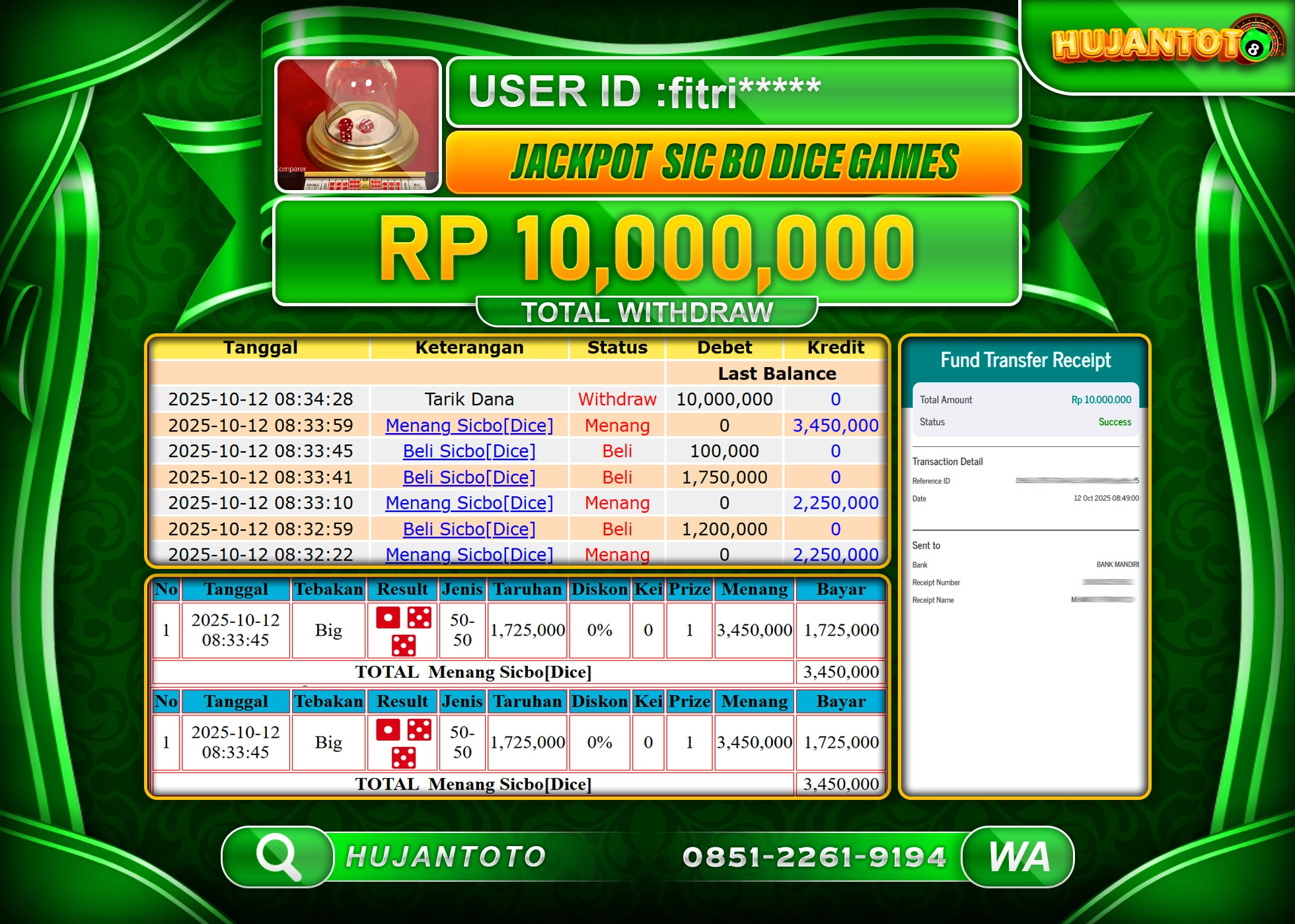 HUJANTOTO - BUKTI JACKPOT MENANG LIVE GAME SICBO DICE GAMES Rp.10,000,000 - TERBAYAR LUNAS