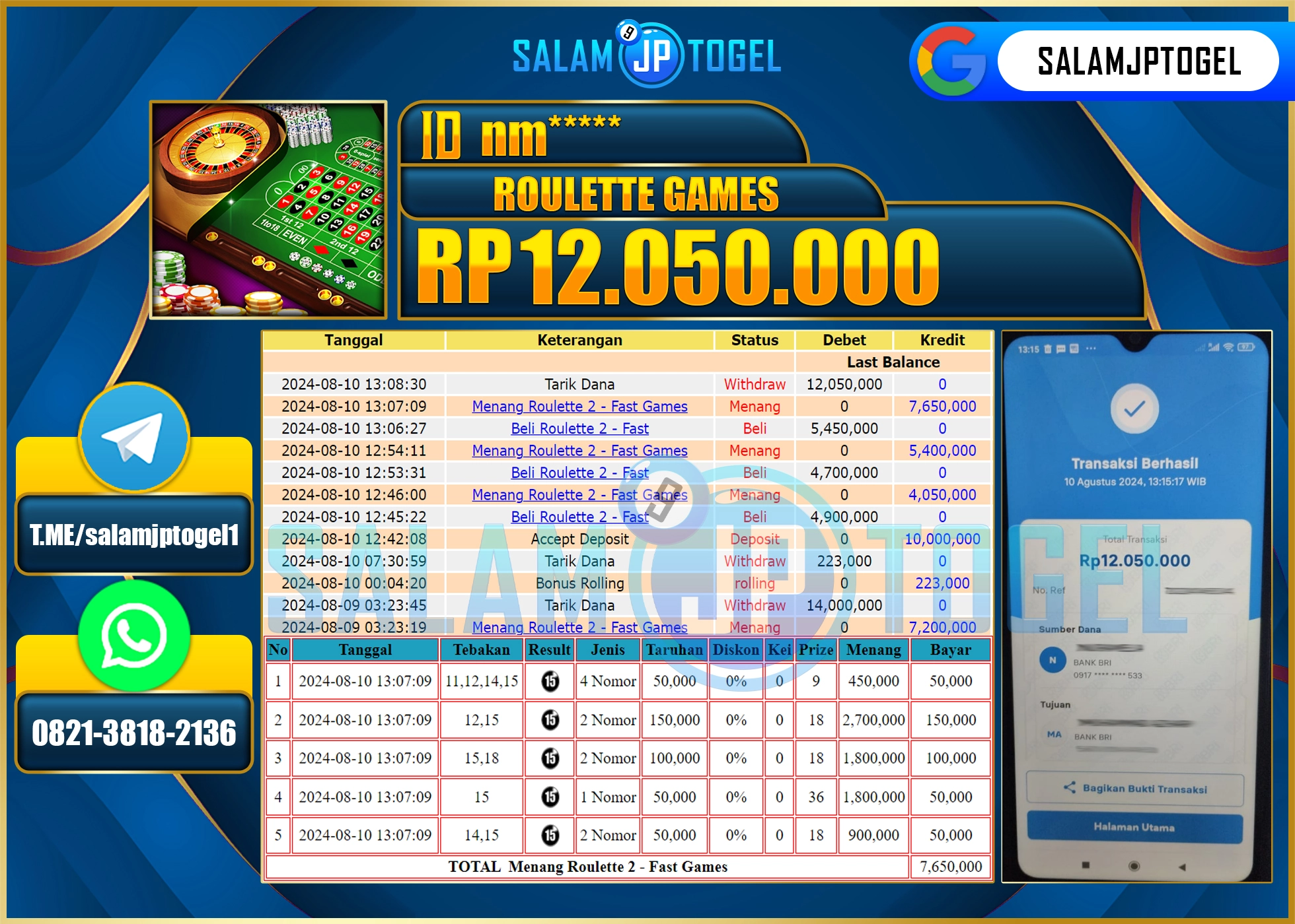 Member SALAMJPTOGEL MENANG ROULLETE 2 RP. 12,050,000 LUNAS