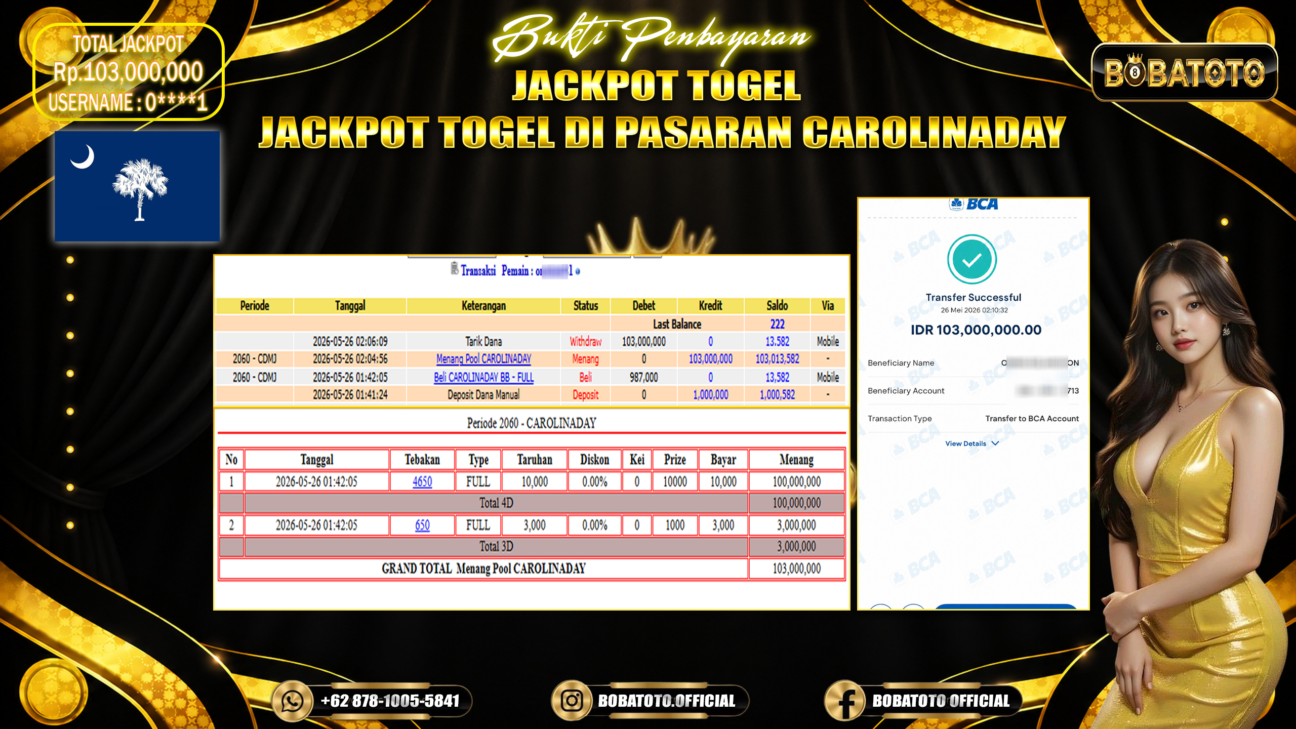 BOBATOTO JACKPOT TOGEL PASARAN CAROLINADAY Rp.103,000,000,- LUNAS!!! 