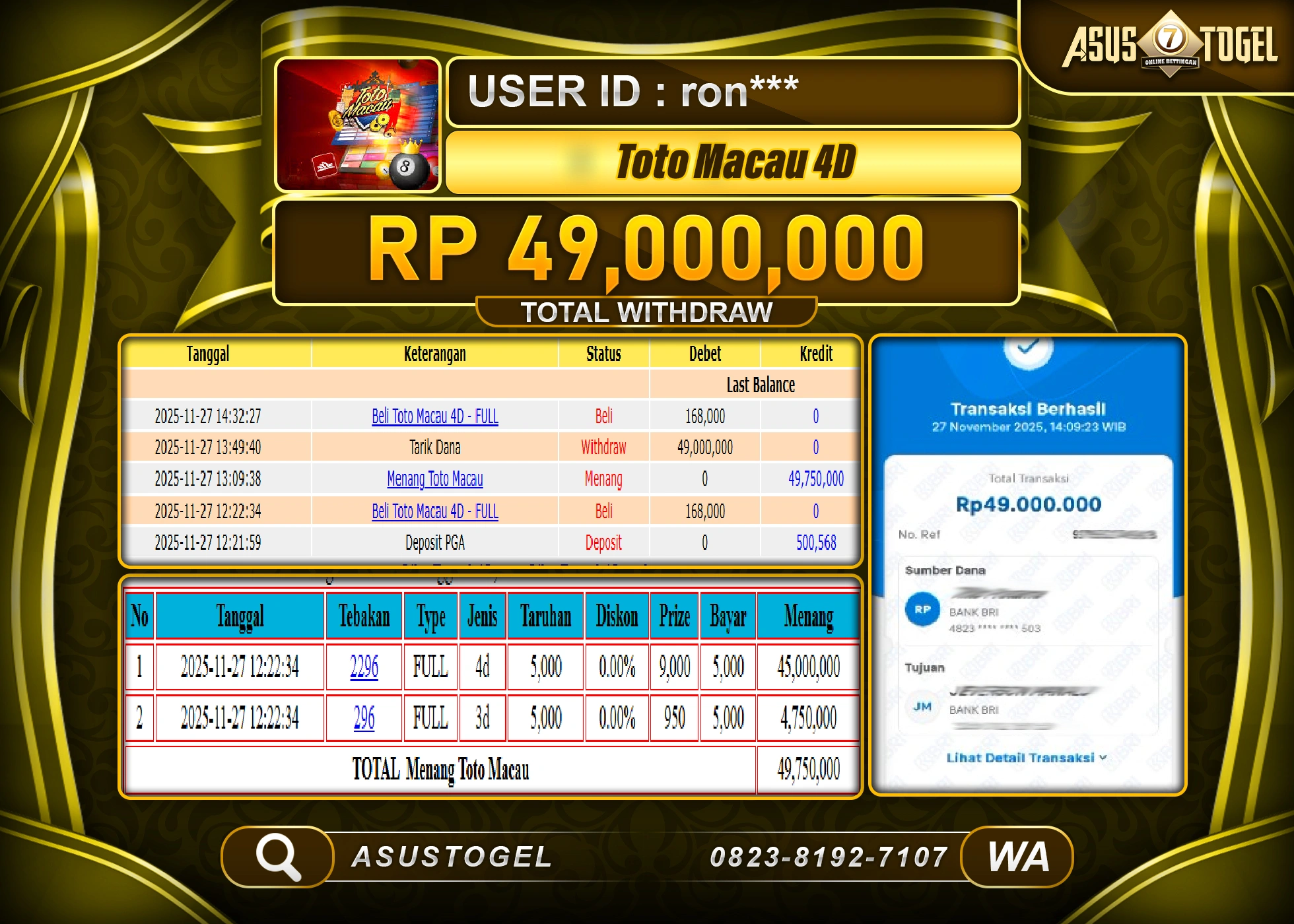 ASUSTOGEL KEMENANGAN DI TOGEL TOTO MACAU 4D SEBESAR 49,000,000 - RUPIAH LUNAS