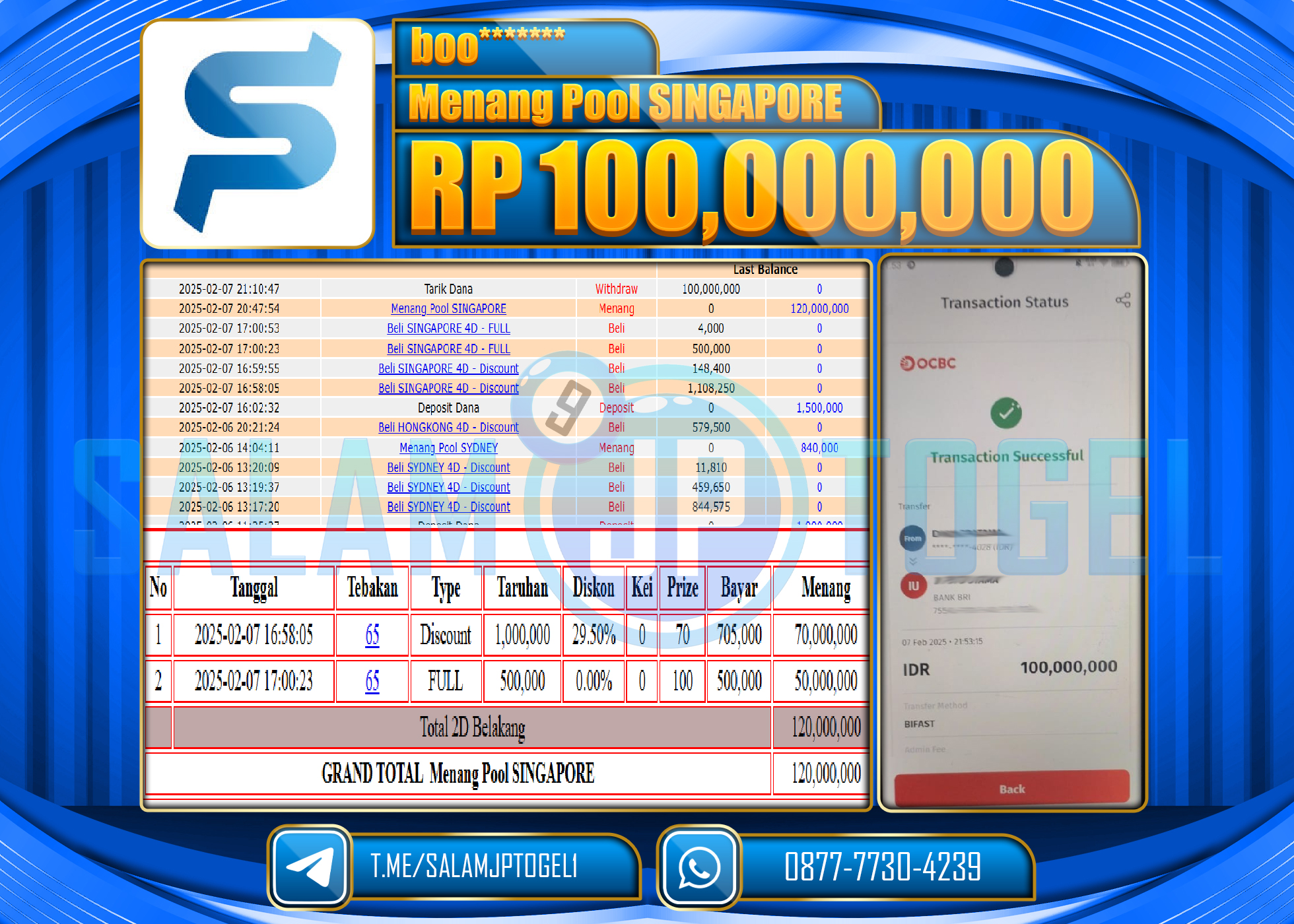 SALAMJPTOGEL MENANG POOL SINGAPORE GAMES  Rp.100,000,000 LUNAS