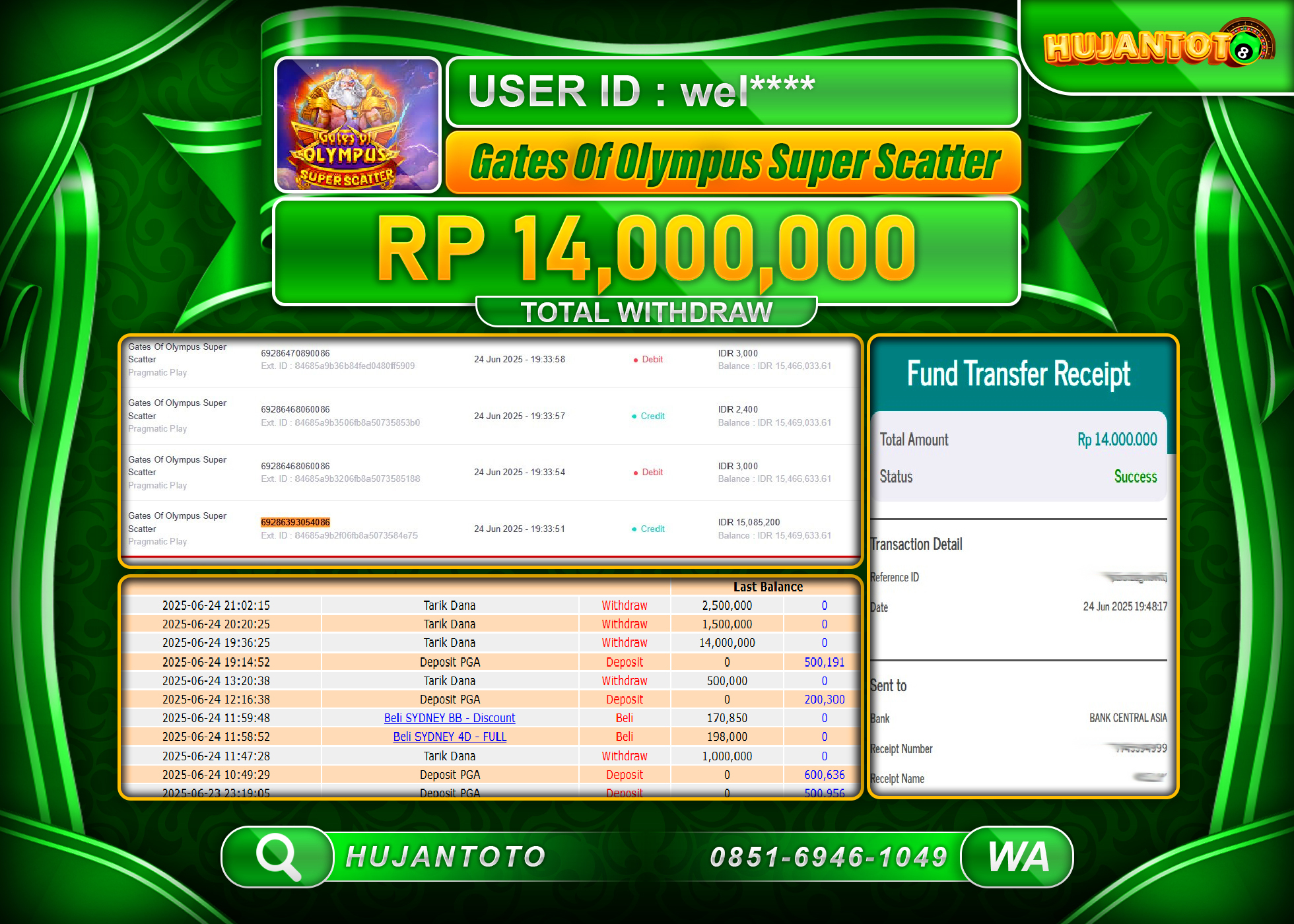 HUJANTOTO - BUKTI JACKPOT MENANG SLOT GATES OF OLYMPUS SUPER SCETTER Rp.14,000,000 - TERBAYAR LUNAS