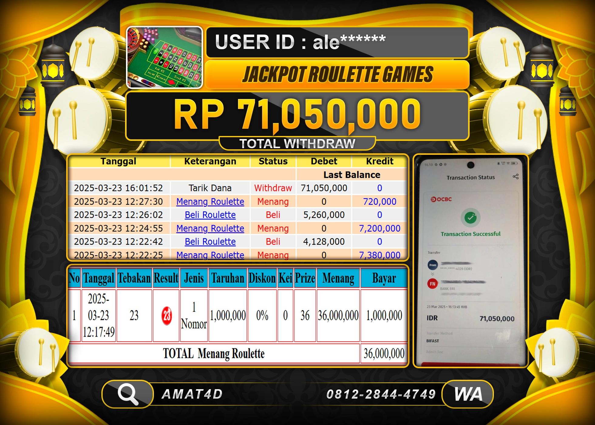 AMAT4D KEMENANGAN ROULETTE LIVE GAMES Rp.71.050.000 BERHASIL TERBAYAR LUNAS