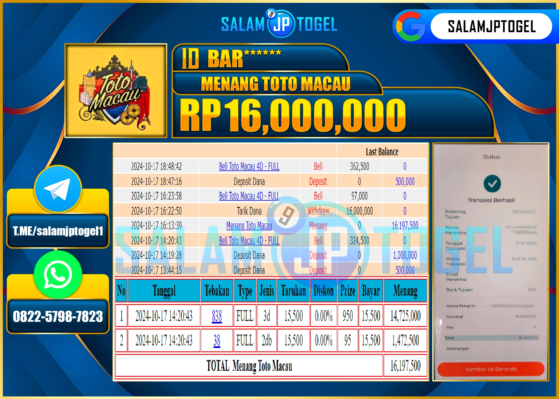 SALAMJPTOGEL MENANG TOTO MACAU 4D RP. 16,000,000 LUNAS