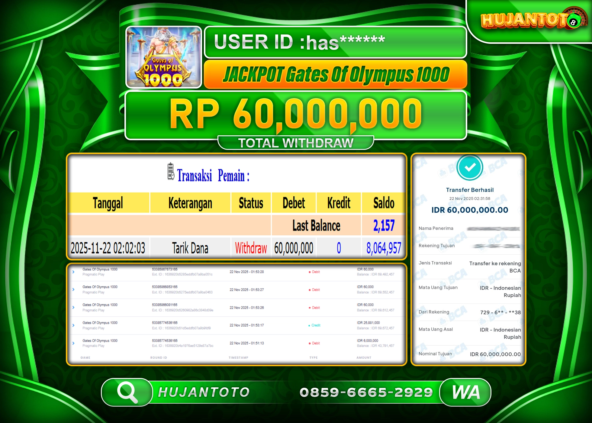 HUJANTOTO - BUKTI JACKPOT MENANG SLOT GATES OF OLYMPUS 1000 Rp.60,000,000 - TERBAYAR LUNAS