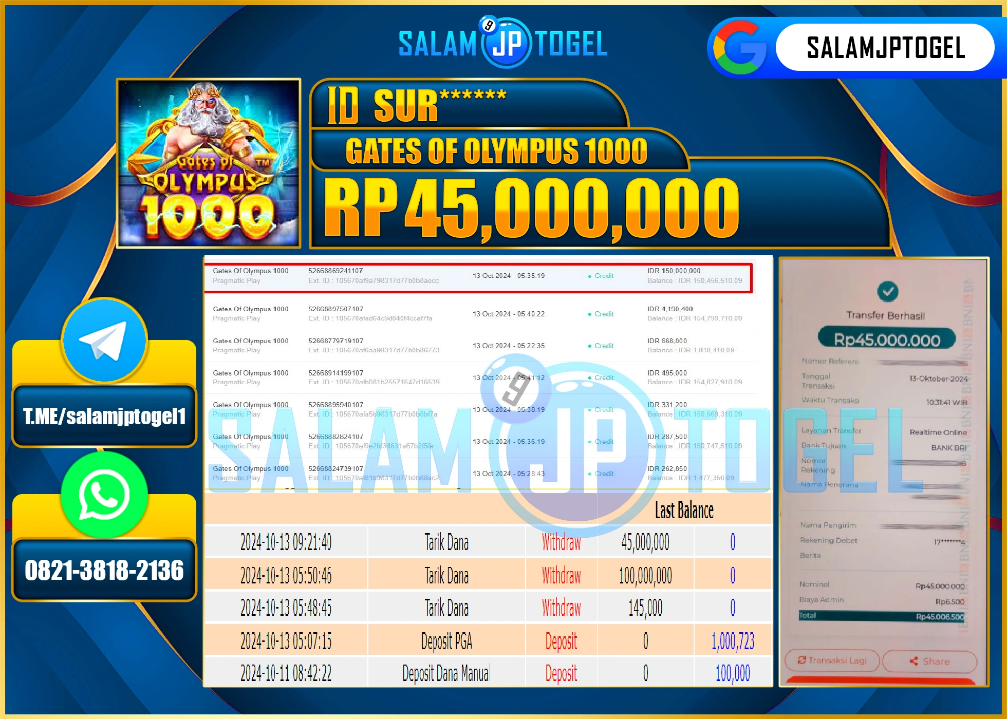 SALAMJPTOGEL MENANG SLOT GATES OF OLYMPUS 1000 RP. 45,000,000 LUNAS