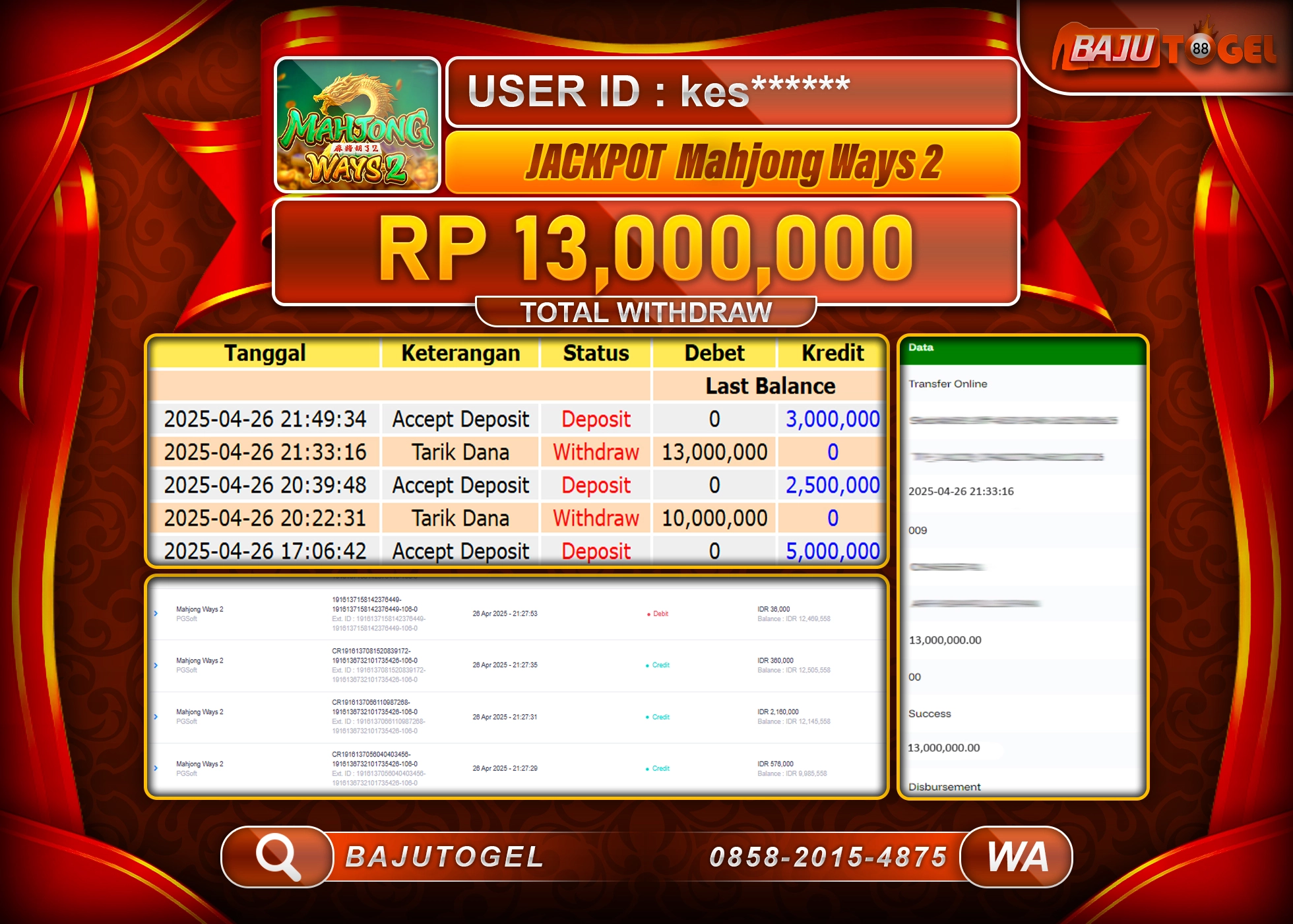 BAJUTOGEL KEMENANGAN MAHJONG WAYS 2 Rp.13.000.000 LUNAS
