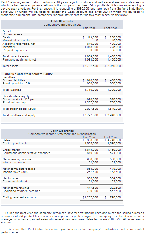 Solved Paul Sabin organized Sabin Electronics 10 yesrs ago | Chegg.com