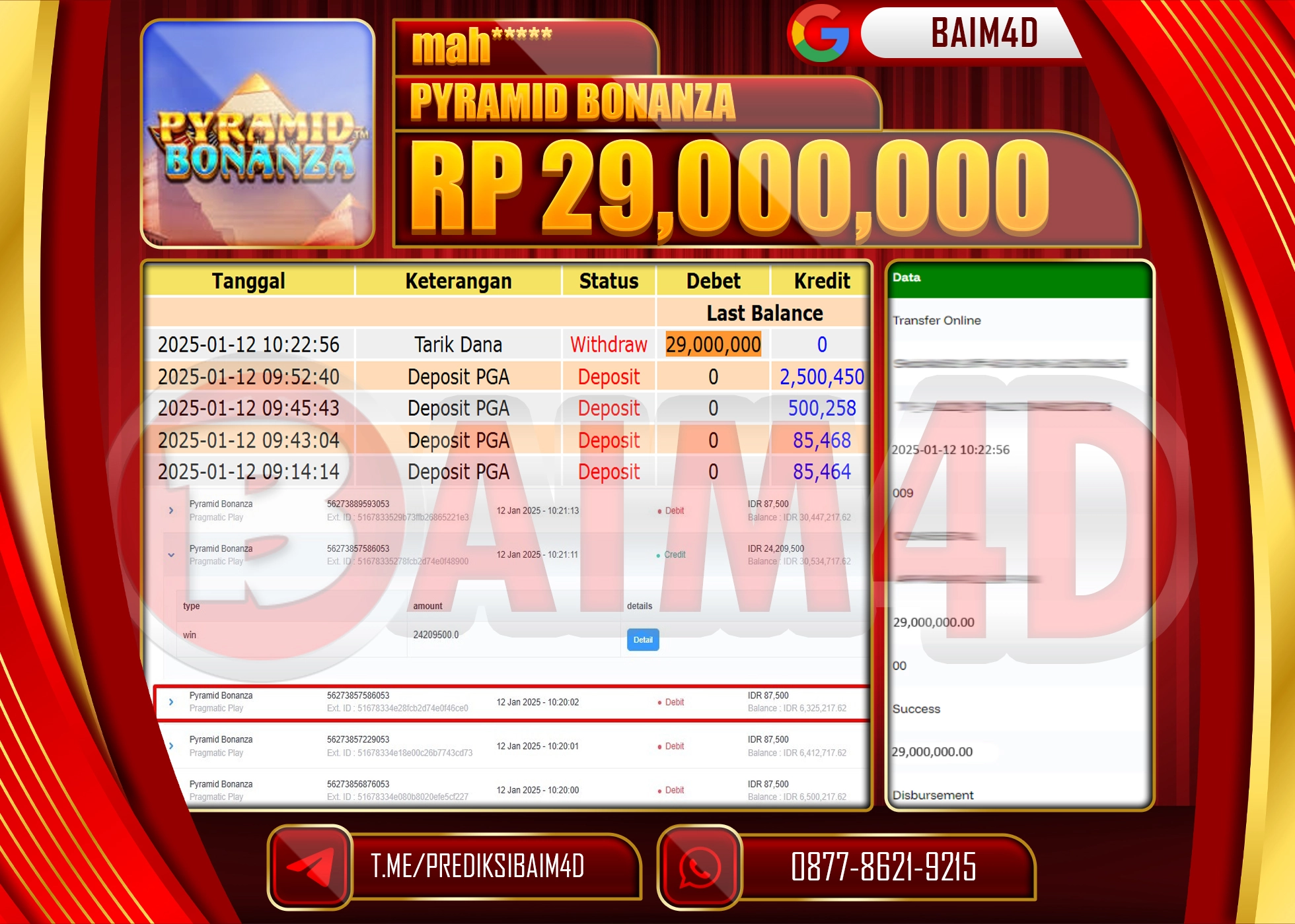 BAIM4D JACKPOT Menang SLOT Pyramid Bonanza Rp.29,000,000.- LUNAS