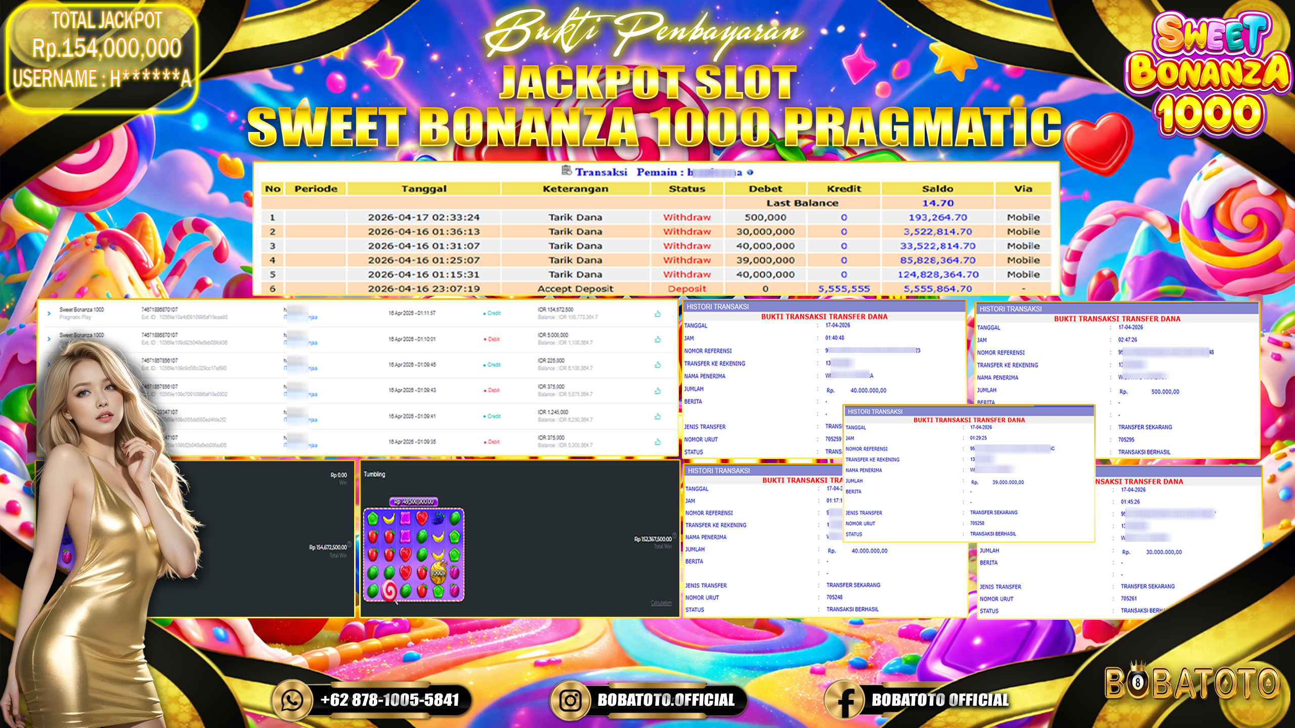 BOBATOTO JACKPOT SLOT SWEET BONANZA1000 Rp.154,000,000,- LUNAS!!