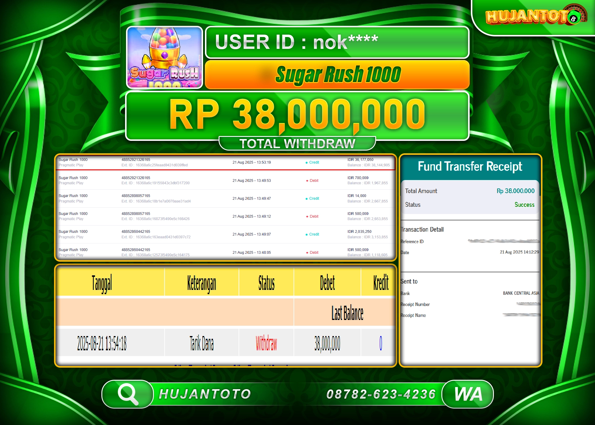 HUJANTOTO - BUKTI JACKPOT MENANG  SLOT SUGAR RUSH 1000 Rp.38,000,000 - TERBAYAR LUNAS