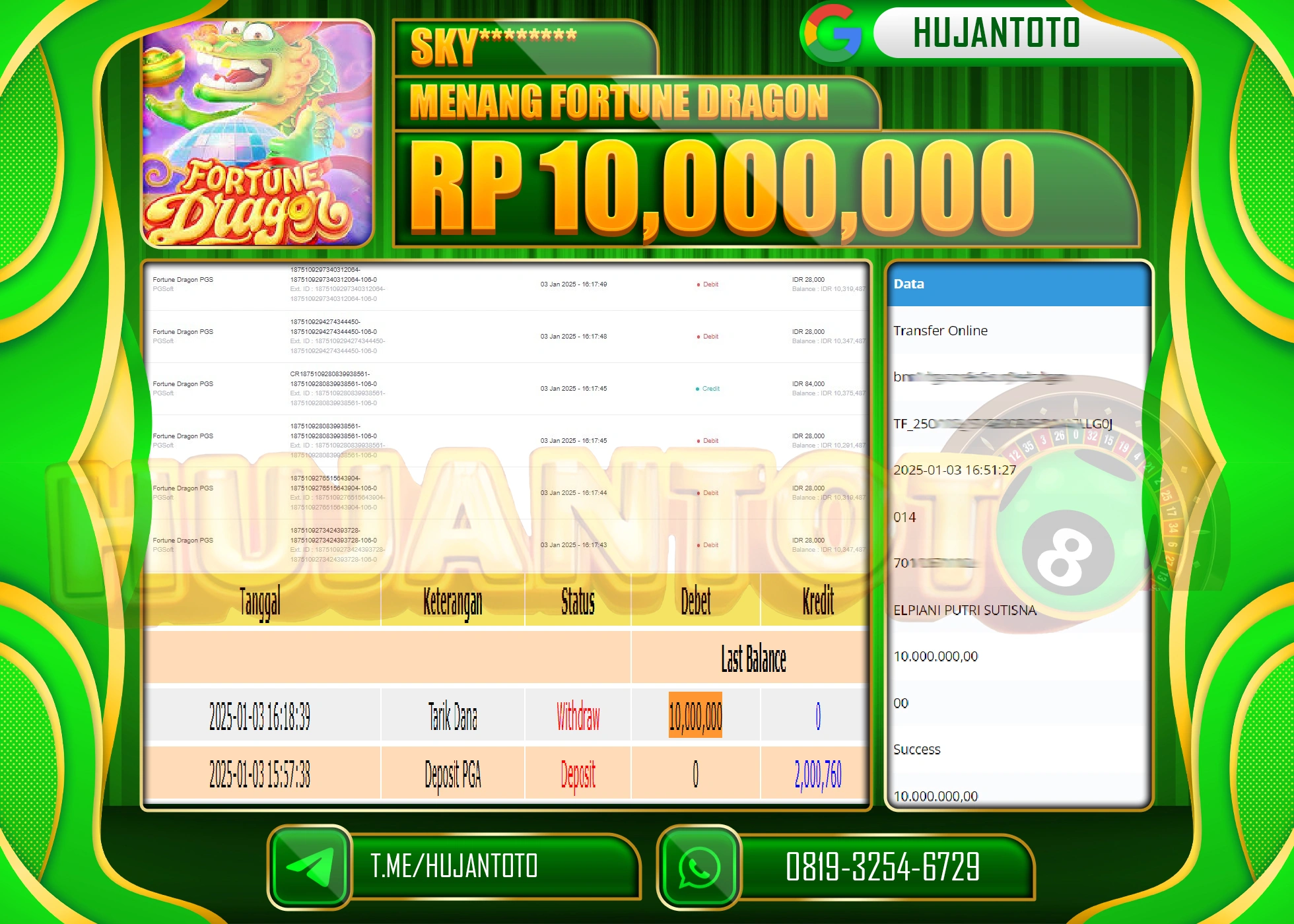 HUJANTOTO - BUKTI JACKPOT PERMAINAN SLOT FORTUNE DRAGON Rp.10,000,000,- TERBAYAR LUNAS