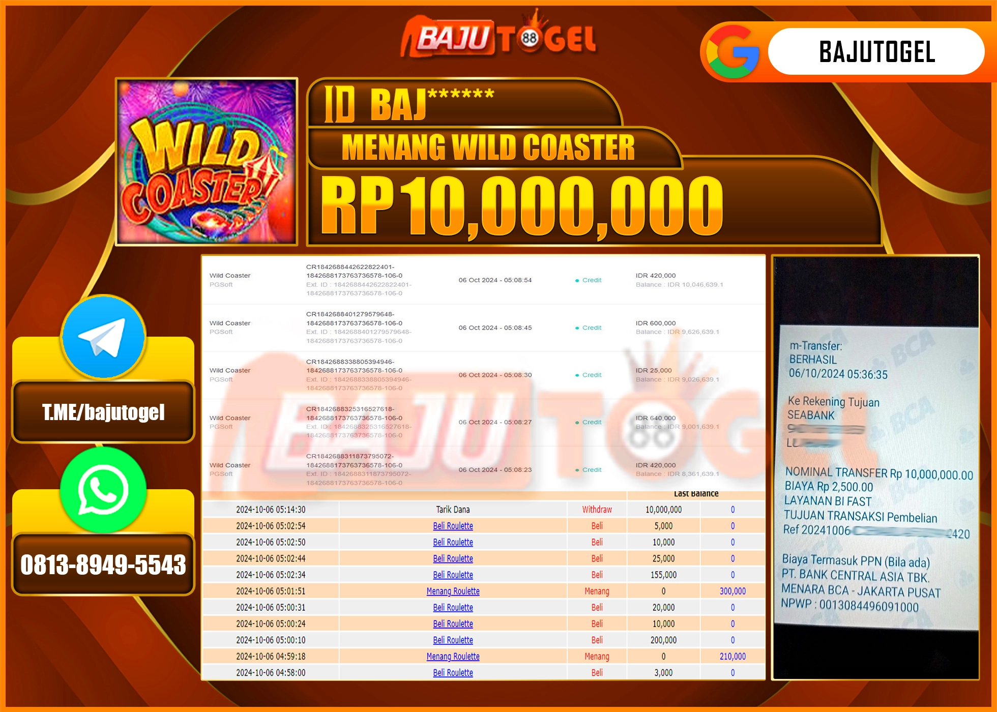 BAJUTOGEL JACKPOT WILD COASTER Rp.10.000.000 LUNAS