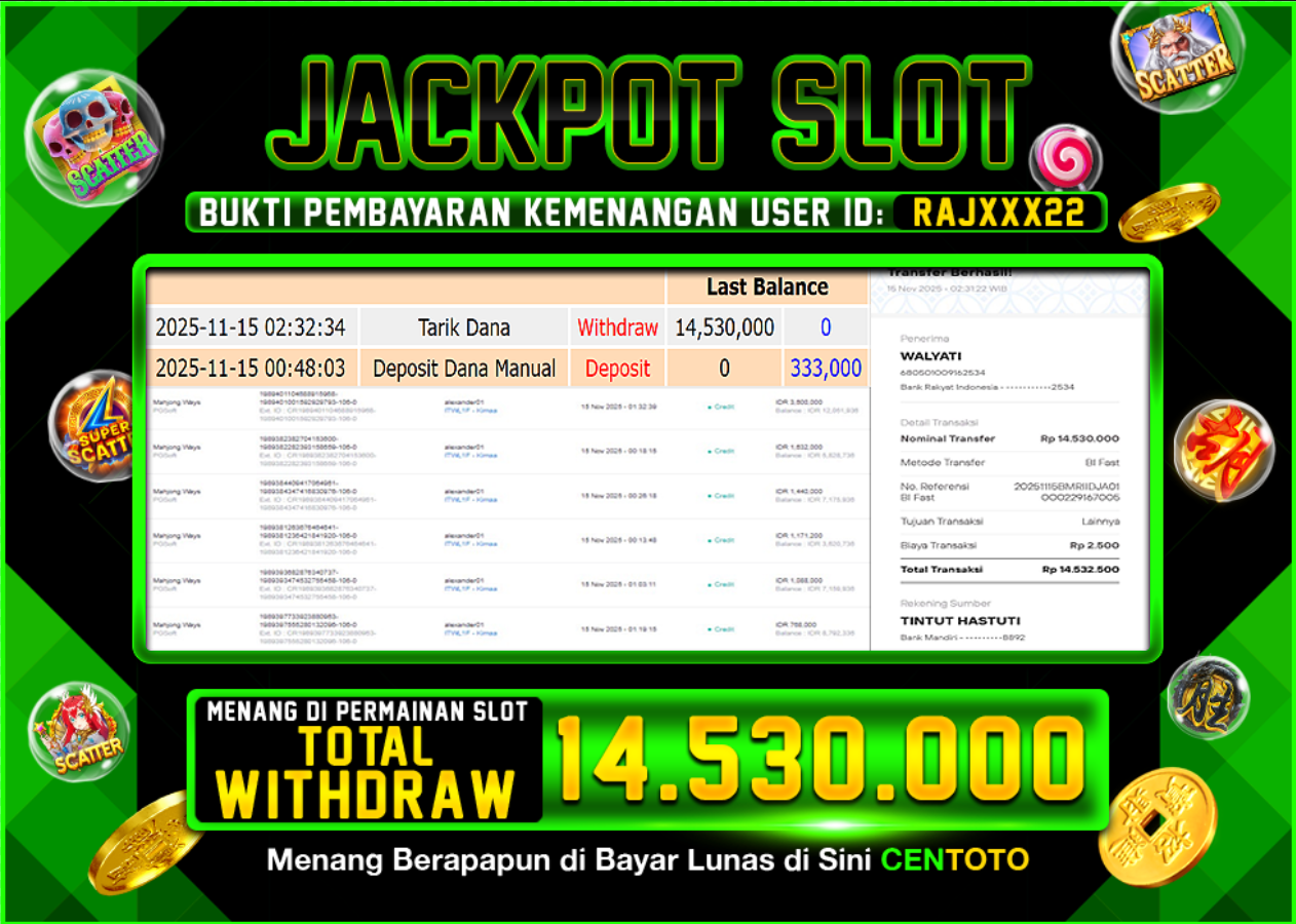 BUKTI JACKPOT SLOT CENTOTO  RP.14.530.000,-LUNAS