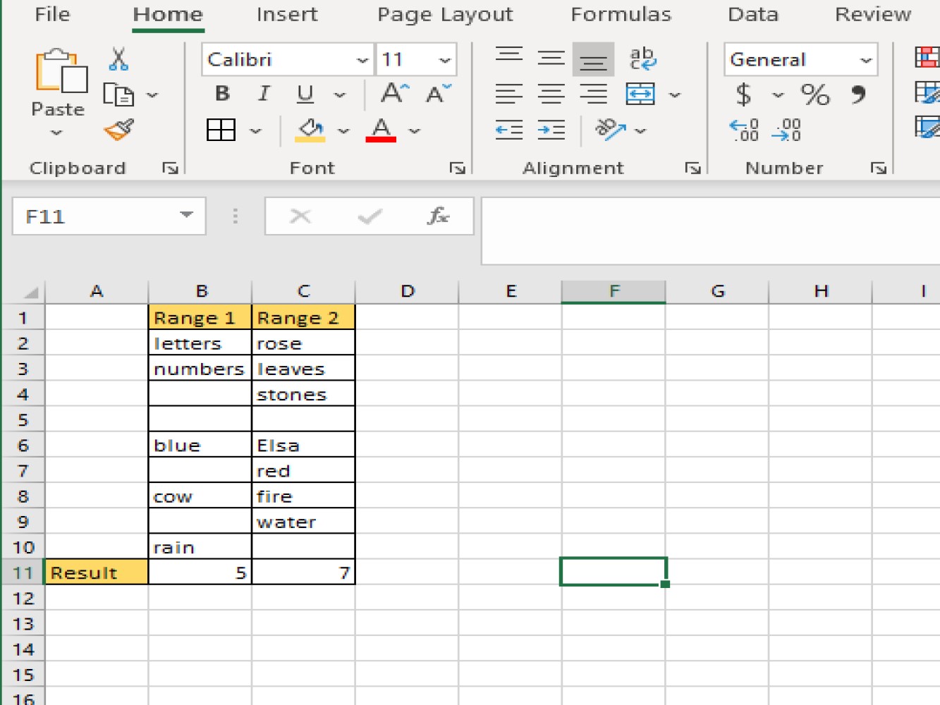 Screenshot of ordinary countA on excel
