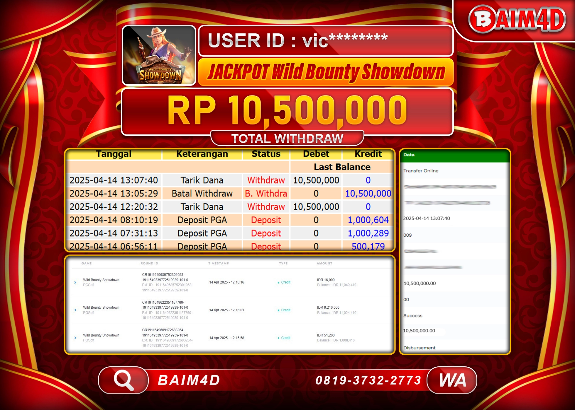 BAIM4D JACKPOT WILD BOUNTY SHOWDOWN Rp.10.500,000.- LUNAS