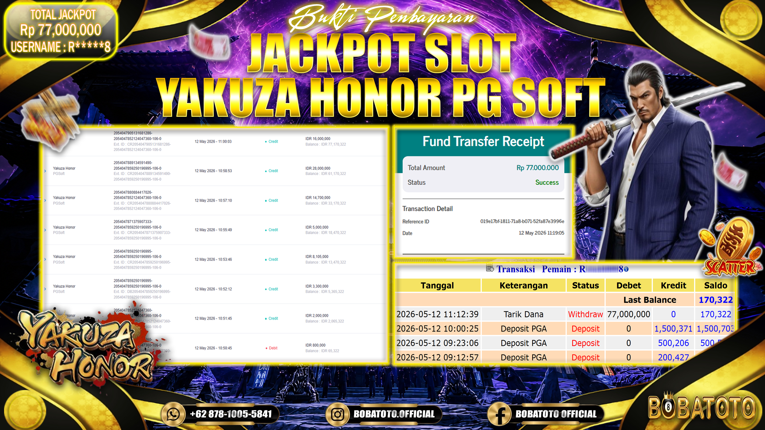 BOBATOTO JACKPOT  SLOT YAKUZA HONOR PG SOFT Rp.77,000,000,- LUNAS!!!