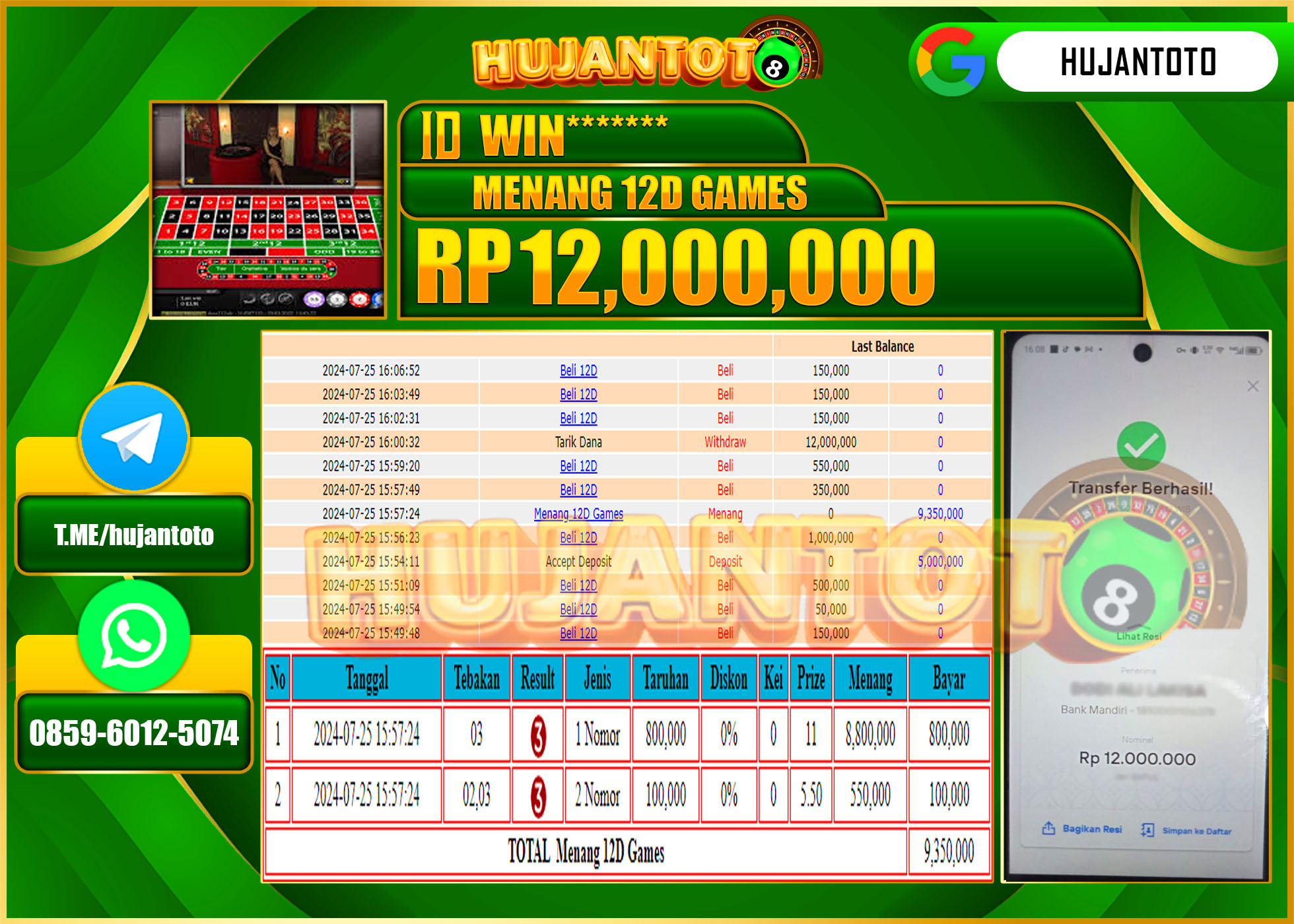 HUJANTOTO MENANG PERMAINAN LIVE CASINO 12D GAMES 12.000.000 - LUNAS 
