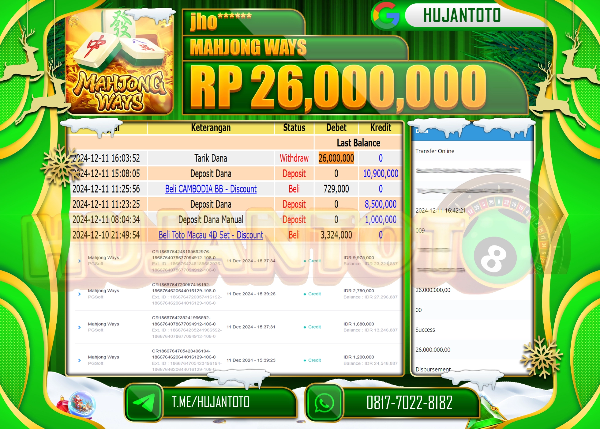 HUJANTOTO KEMENANGAN BESAR YANG DI RAIH DI PERMAINAN SLOT MAHJONG WAYS - 26,000,000 - TERBAYAR LUNAS