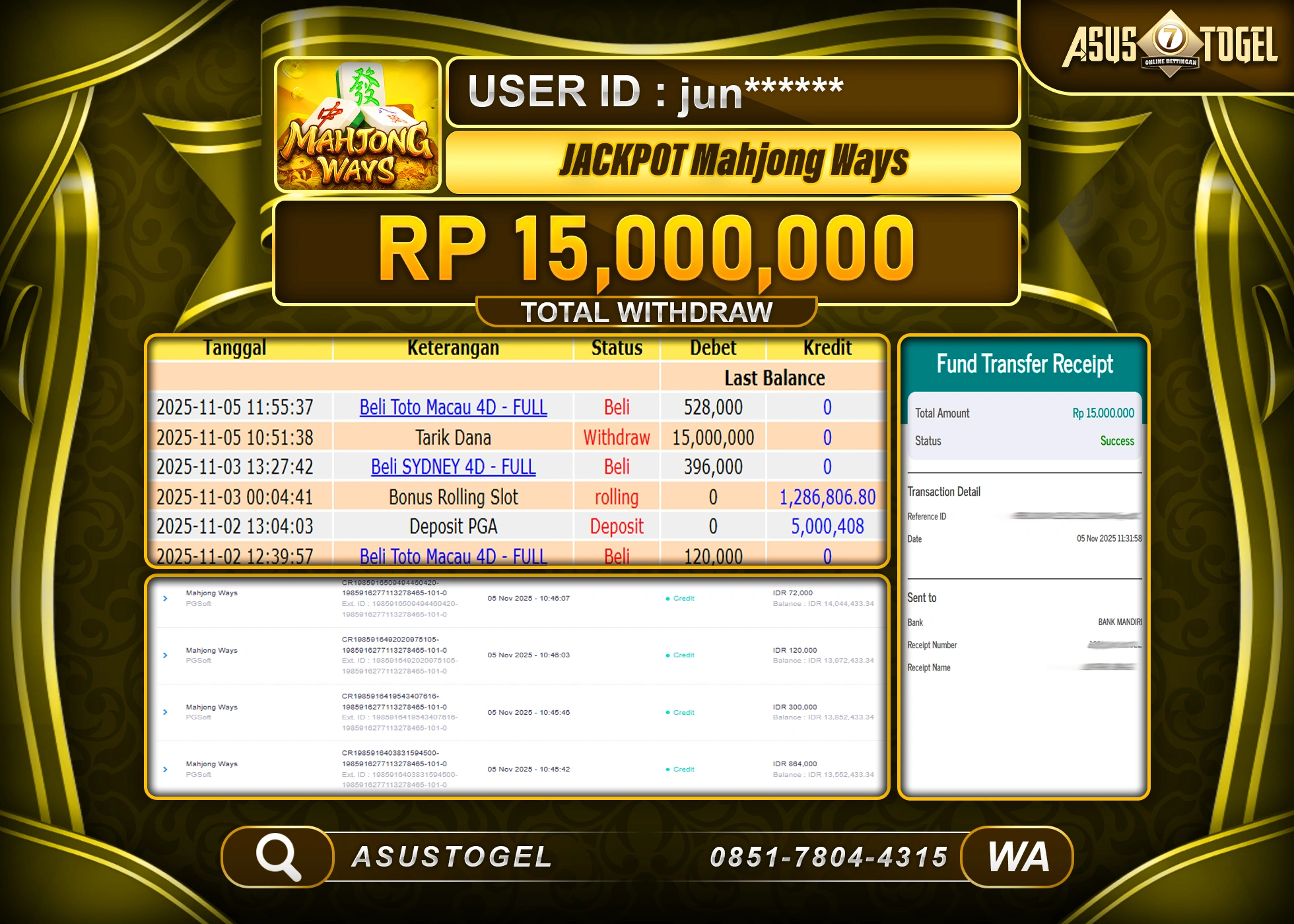 ASUSTOGEL KEMENANGAN DI SLOT MAHJONG WAYS SEBESAR 15,000,000 - RUPIAH LUNAS