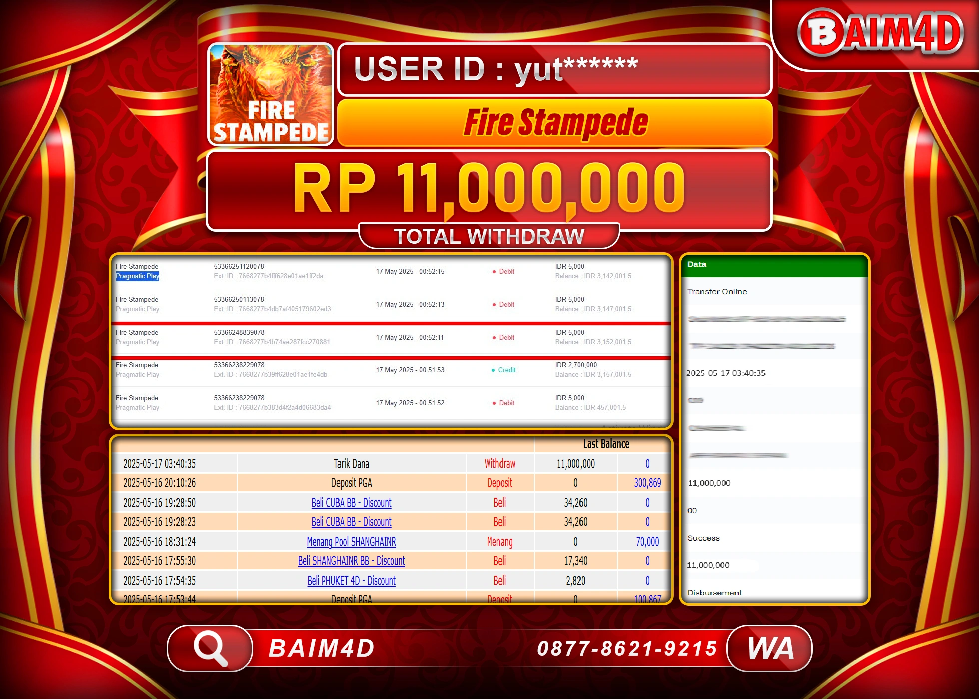 BAIM4D MENANG JACKPOT FIRE STAMPEDE Rp11,000,000 - LUNAS