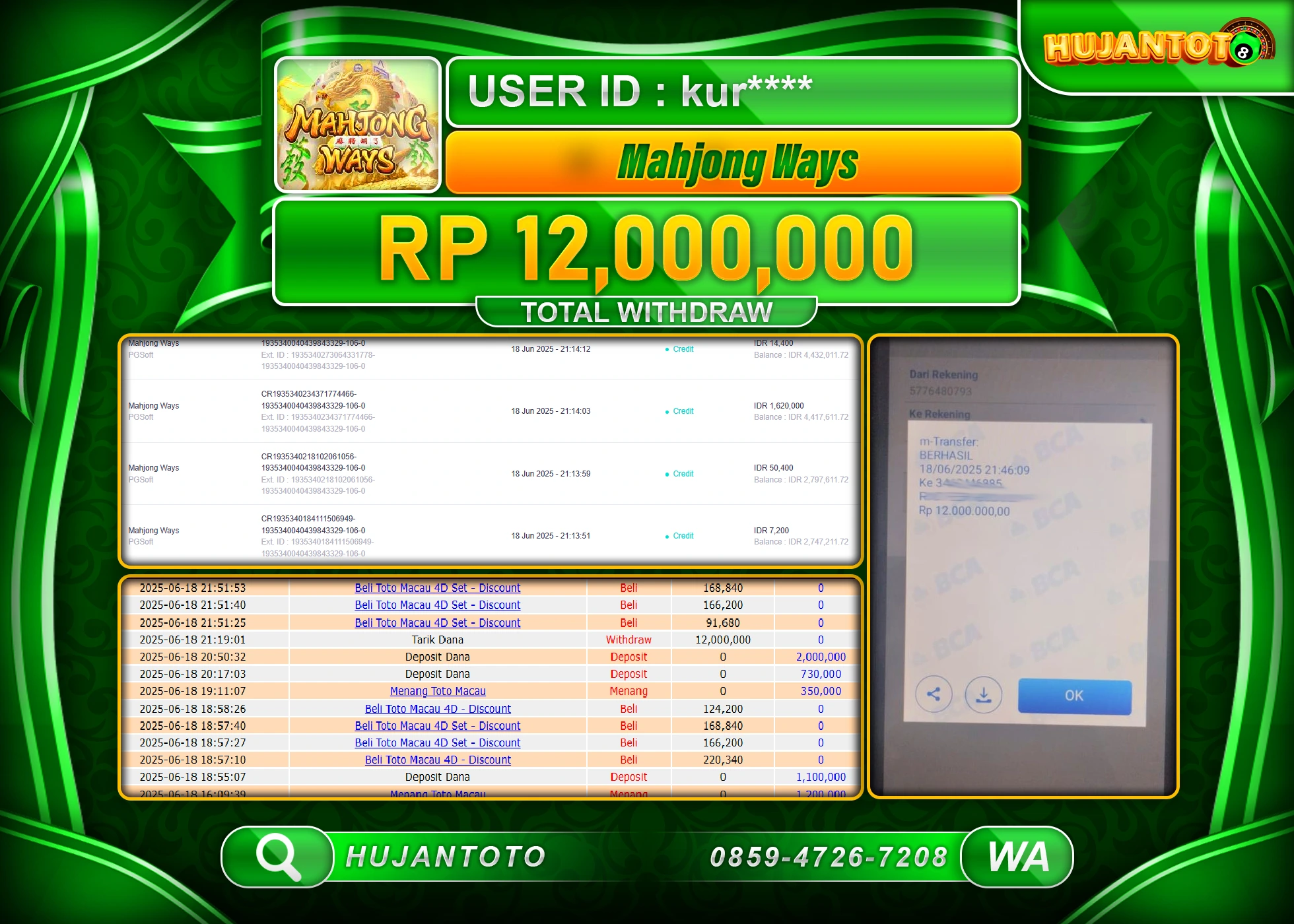 HUJANTOTO - BUKTI JACKPOT MENANG SLOT MAHJONG WAYS Rp.12,000,000 - TERBAYAR LUNAS