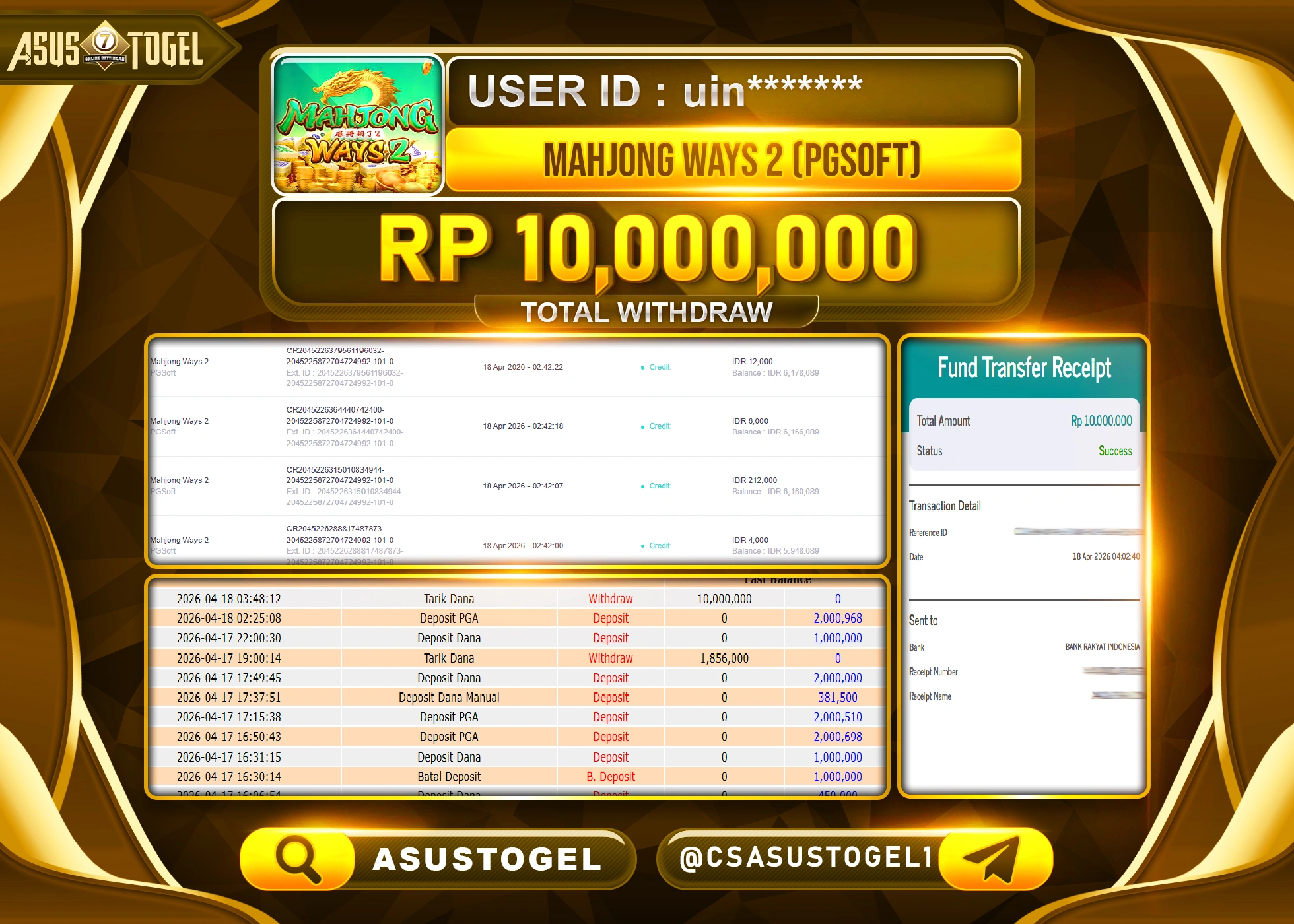 ASUSTOGEL KEMENANGAN JACKPOT DI PERMAINAN MAHJONG WAYS 2 PGSOFT SEBESAR Rp.10,000,000 - RUPIAH LUNAS