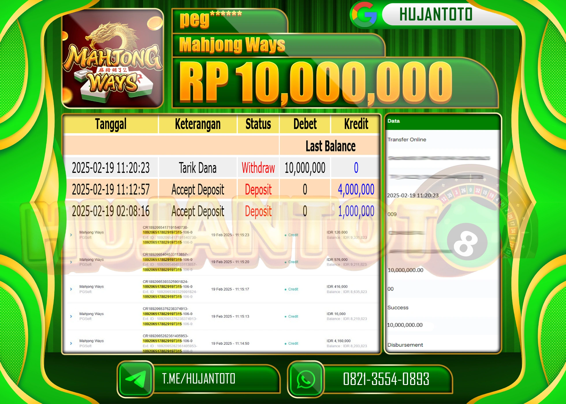 HUJANTOTO - BUKTI JACKPOT MENANG SLOT MAHJONG WAYS  Rp,10,000,000 - TERBAYAR LUNAS