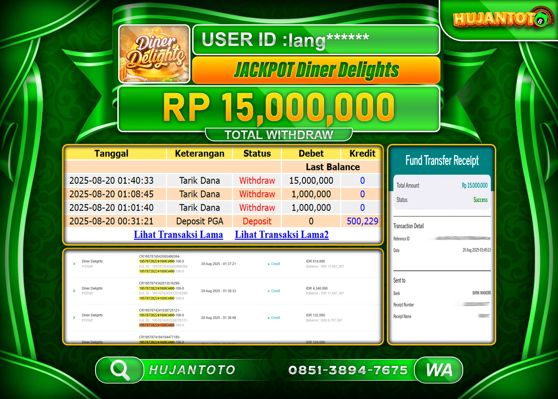 HUJANTOTO - BUKTI JACKPOT MENANG SLOT DINER DELIGHTS Rp.15,000,000 - TERBAYAR LUNAS